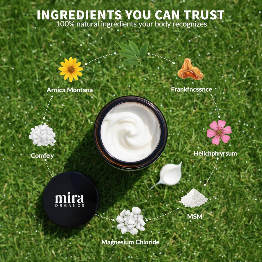 BDQBDQ Mira Organics Pain Relief Cream – Fast-Absorbing Magnesium & Arnica Lotion, Plant-Based, 3.5 oz