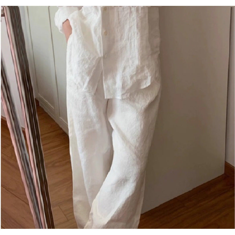 Linen-cotton White Shirt And Pants Set For Women