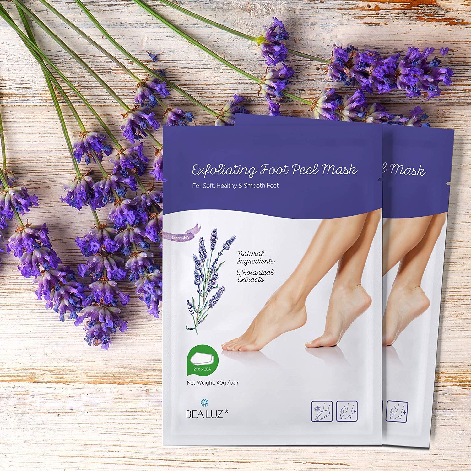 Bealuz Foot Peel Mask – 2 Pairs Exfoliating Booties for Softer Feet in 1-2 Weeks (Lavender)