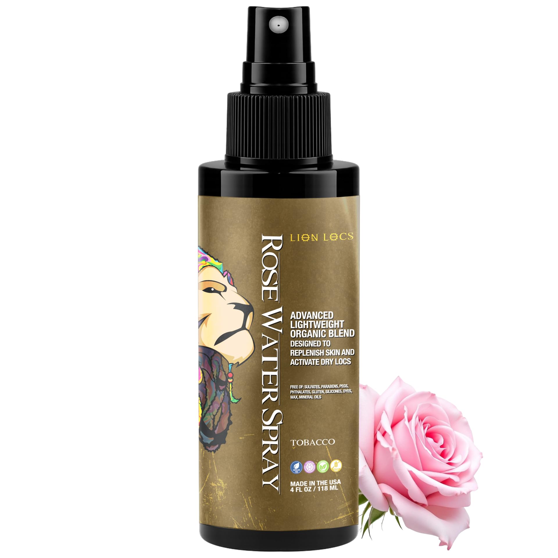 Beard Gains Lion Locs Rosewater Moisturizing Spray – Organic Vegan Rosewater for Locs & Skin (4oz, Tobacco)