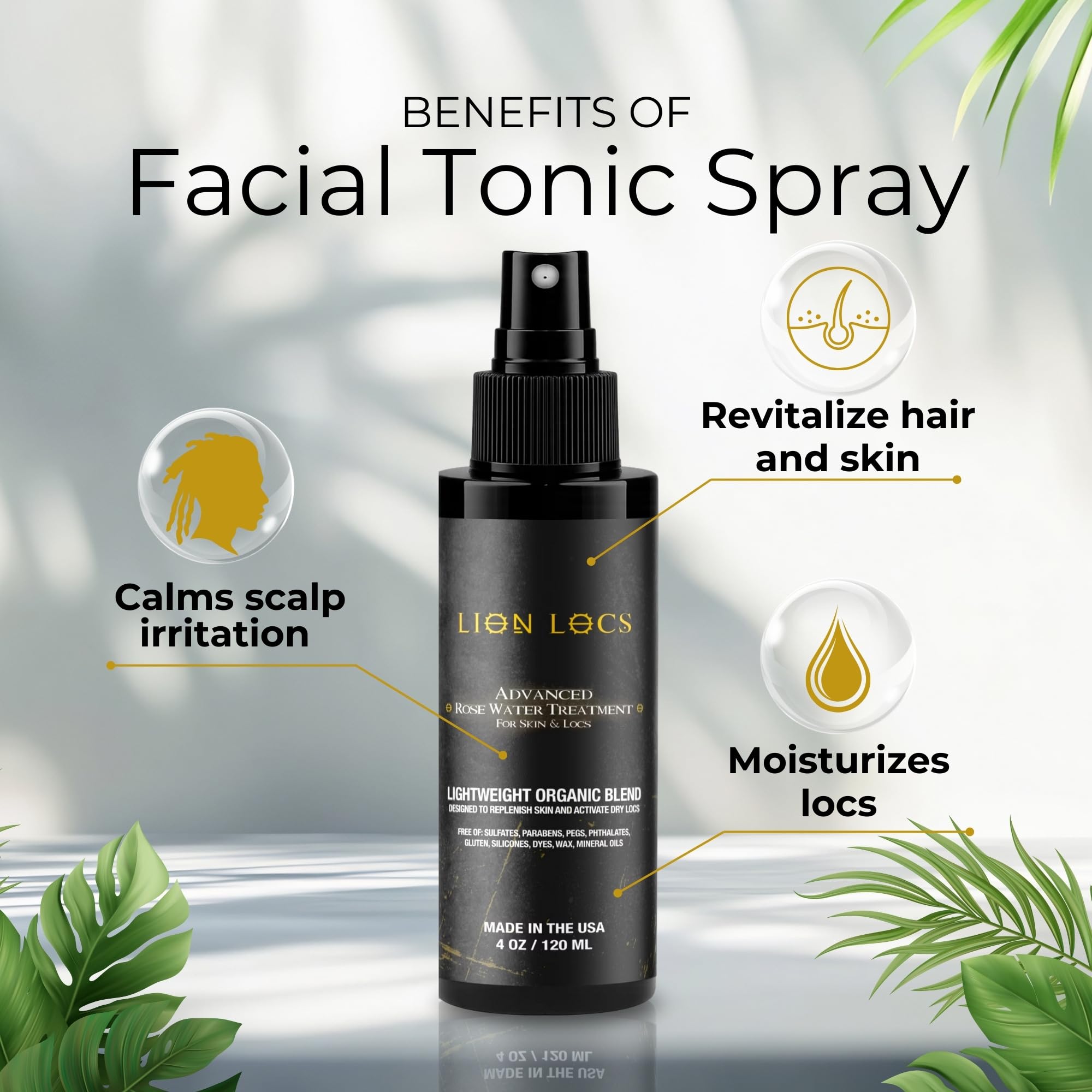 Beard Gains Lion Locs Rosewater Moisturizing Spray | Vegan Rosewater for All Hair Types (4oz) Desert Nectar
