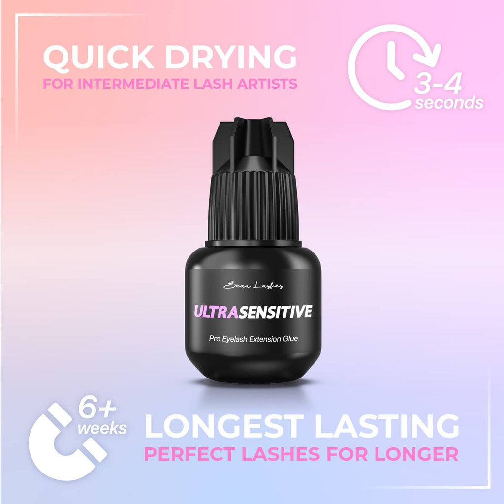 Beau Lashes Sensitive Eyelash Extension Glue — Low Humidity, Fast Drying, 6 Weeks Retention for Professionals