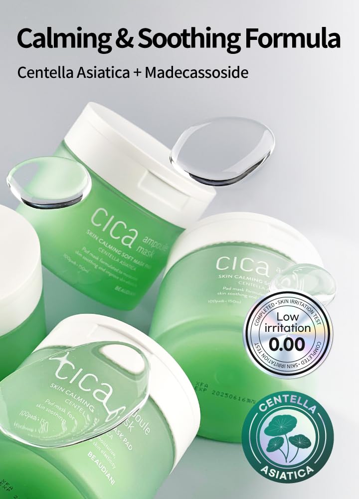 BEAUDIANI CICA Ampoule Mask Pads (Round Spot Mask) – 3,026 PPM Centella Asiatica, 5-Hyaluronic Acid + 7-Peptide, 100 Pads / 150ml