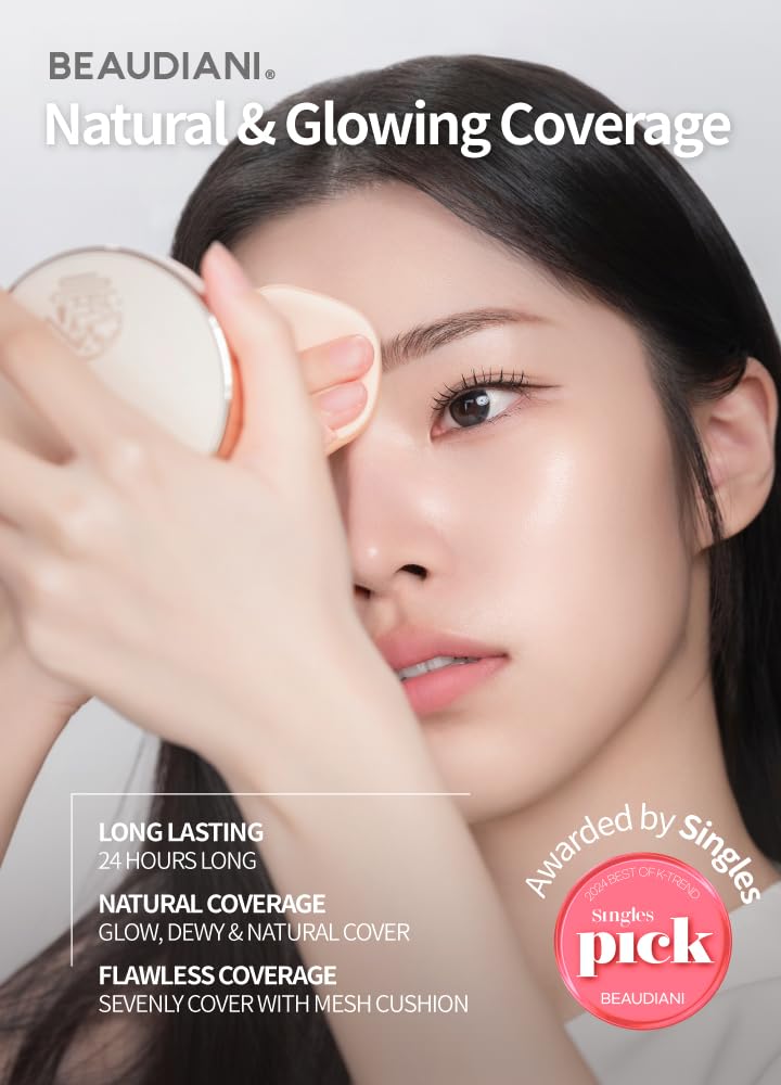 BEAUDIANI Natural Coverage Mesh Tight Up Cushion – Korean Cushion Foundation (02 Light/Medium Beige) | Semi-Matte Radiance, Long-Lasting, Travel-Ready