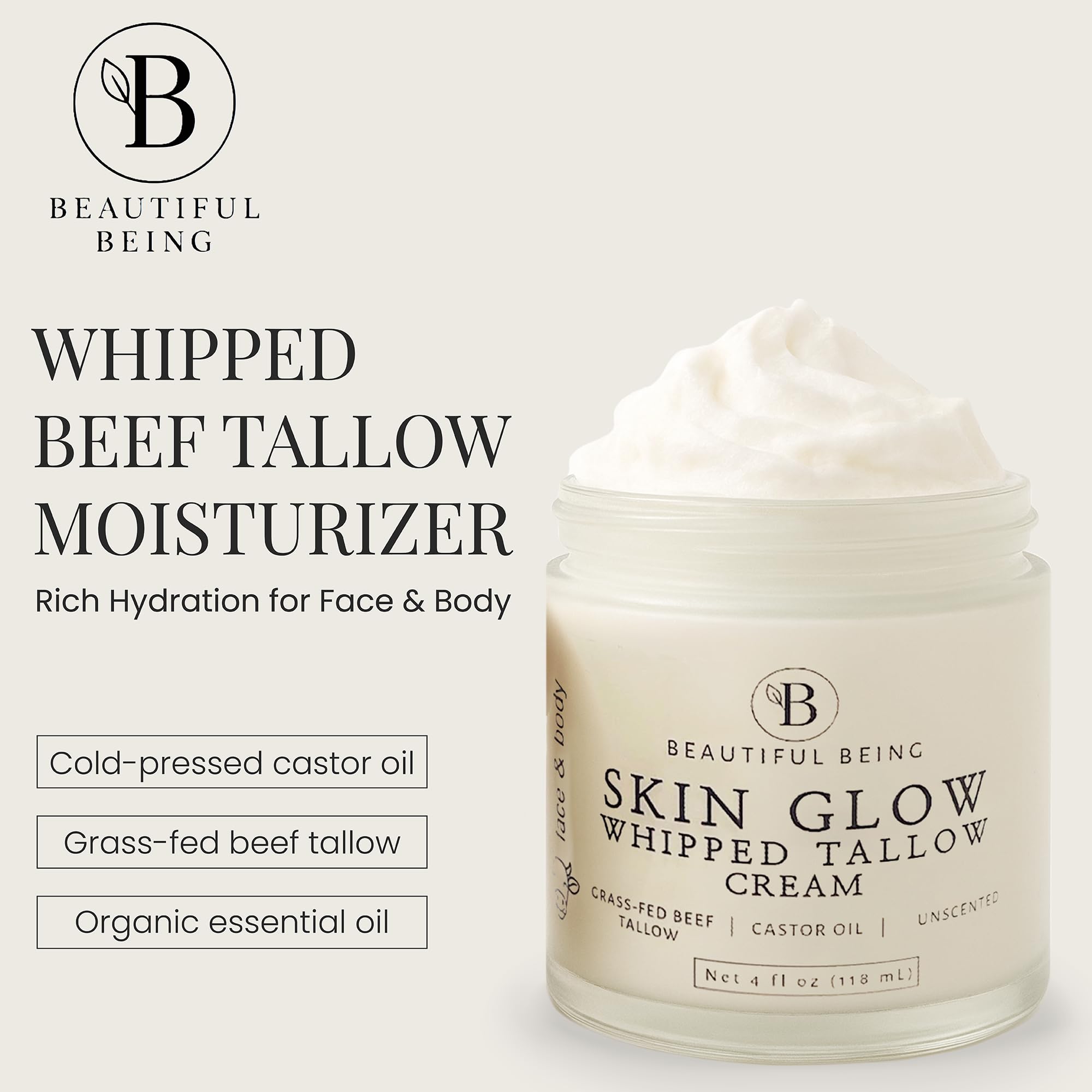 Beautiful Being SKIN GLOW — Grass-Fed Whipped Beef Tallow Moisturizer for Face & Body