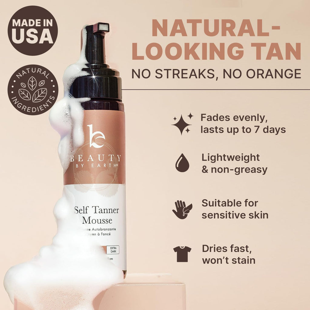Beauty by Earth Self Tanner Mousse – USA Made, Natural & Organic, Streak-Free Tan