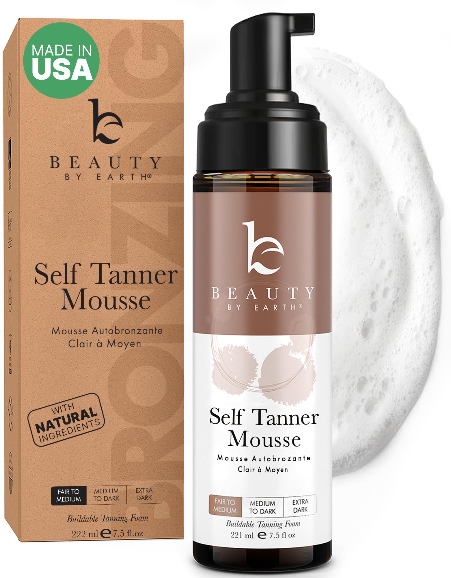 Beauty by Earth Self Tanner Mousse – USA Made, Natural & Organic, Streak-Free Tan