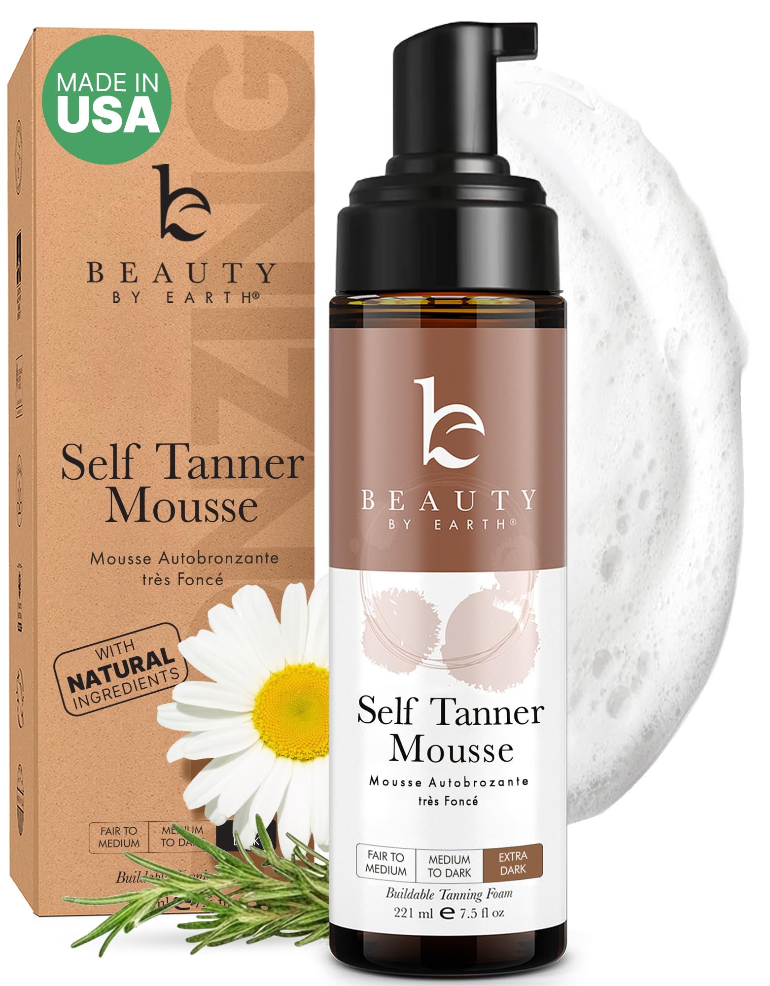 Beauty by Earth Self Tanner Mousse – Extra Dark, Streak-Free, USA Made