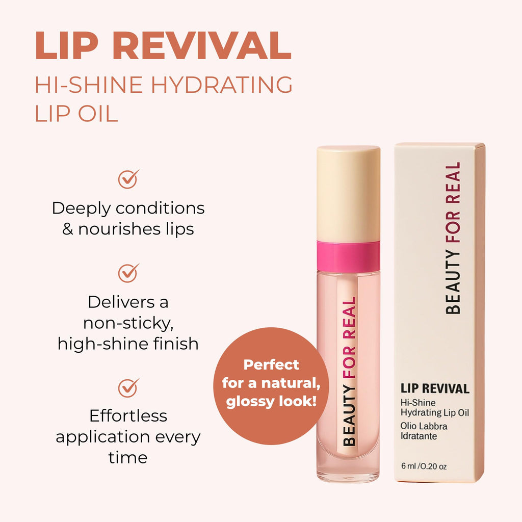 Beauty For Real Lip Revival Hi-Shine Hydrating Lip Oil – Shining Star (Transparent) | Lightweight, Non-Sticky Shine