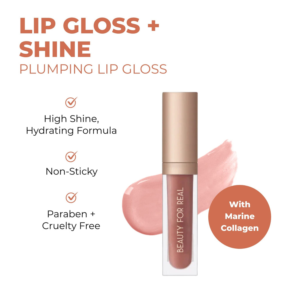 Beauty For Real Nudist Lip Gloss + Shine – Beige Nude Pink, Non-Sticky Plumping Gloss 0.15 fl oz