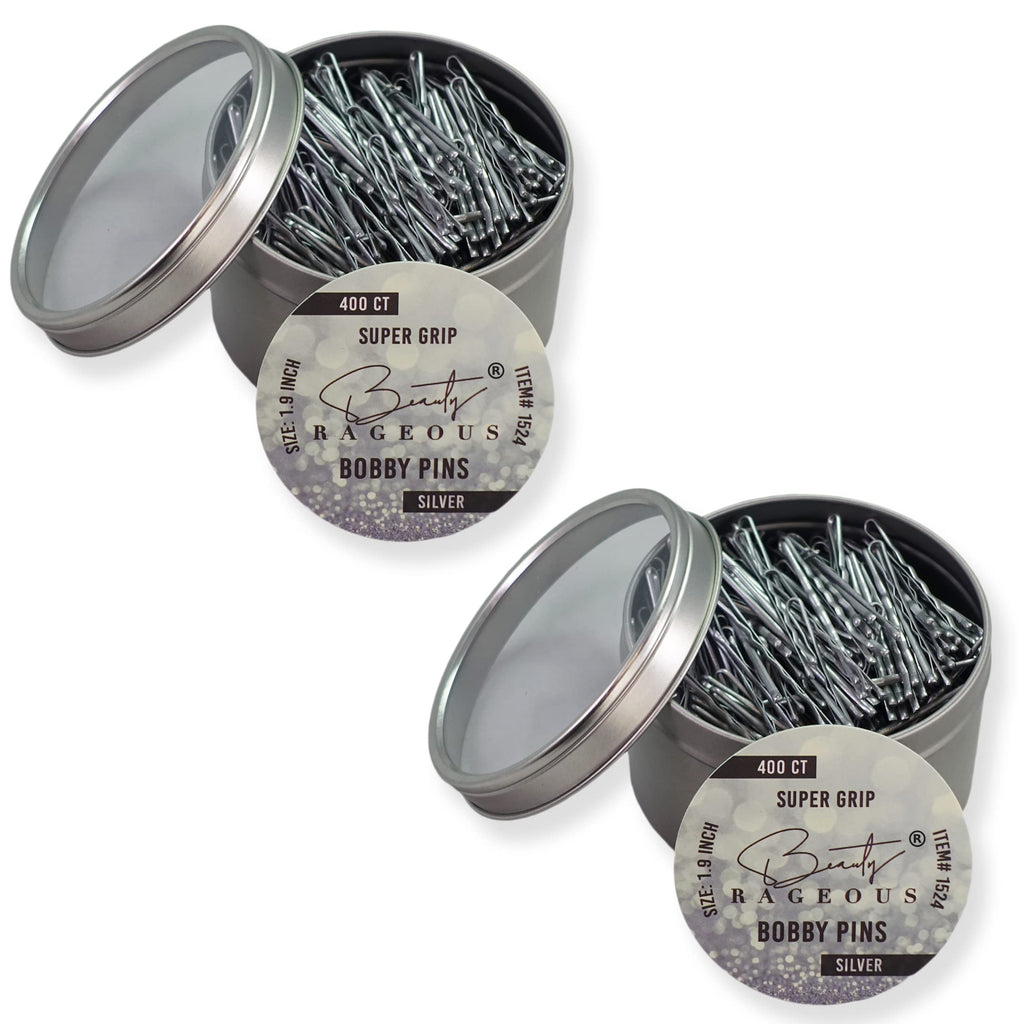 Beauty Rageous Super Grip Bobby Pins 1.9-Inch - Secure All Hair Types in Reusable Tin (Silver, 800 Ct Approx)
