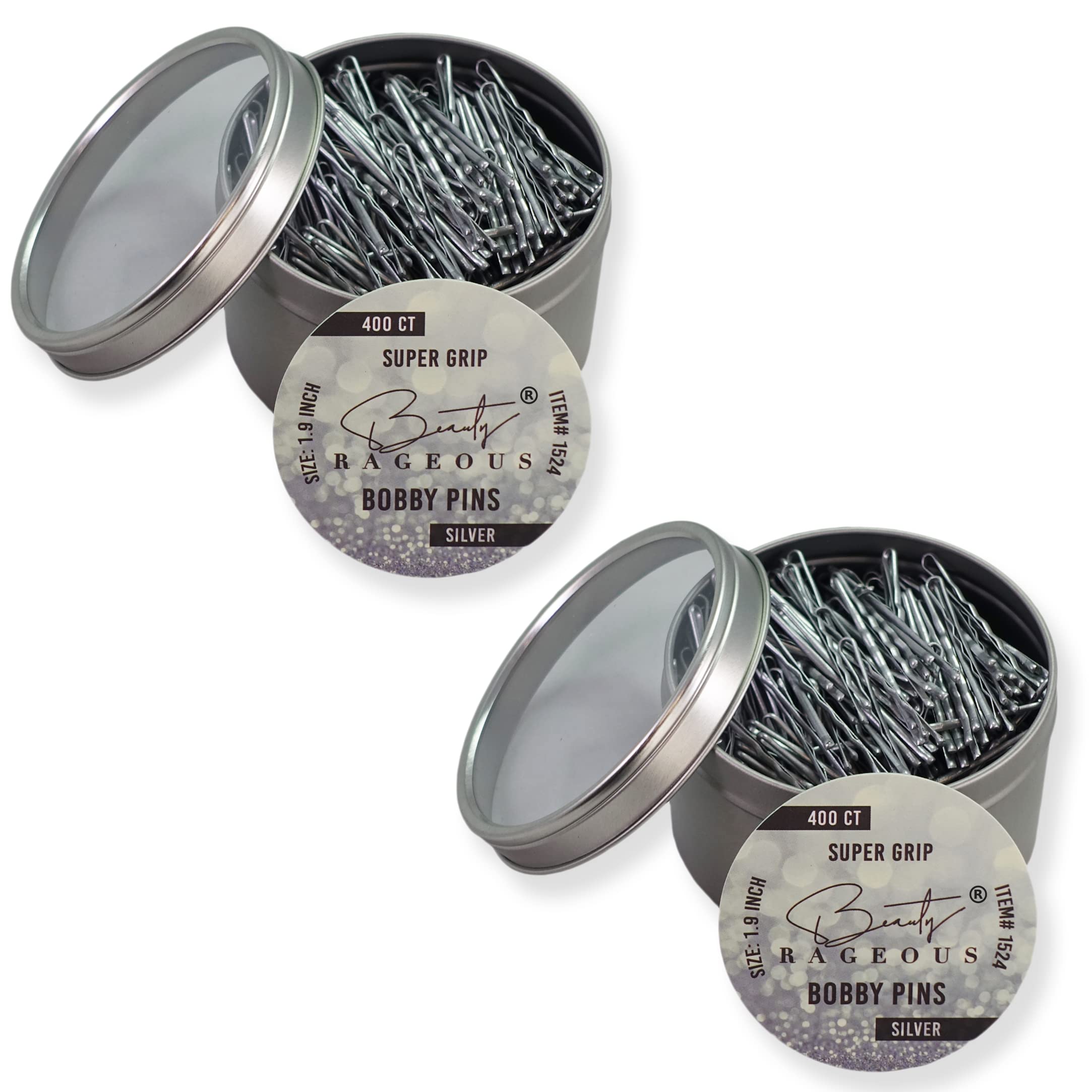 Beauty Rageous Super Grip Bobby Pins 1.9-Inch - Secure All Hair Types in Reusable Tin (Silver, 800 Ct Approx)