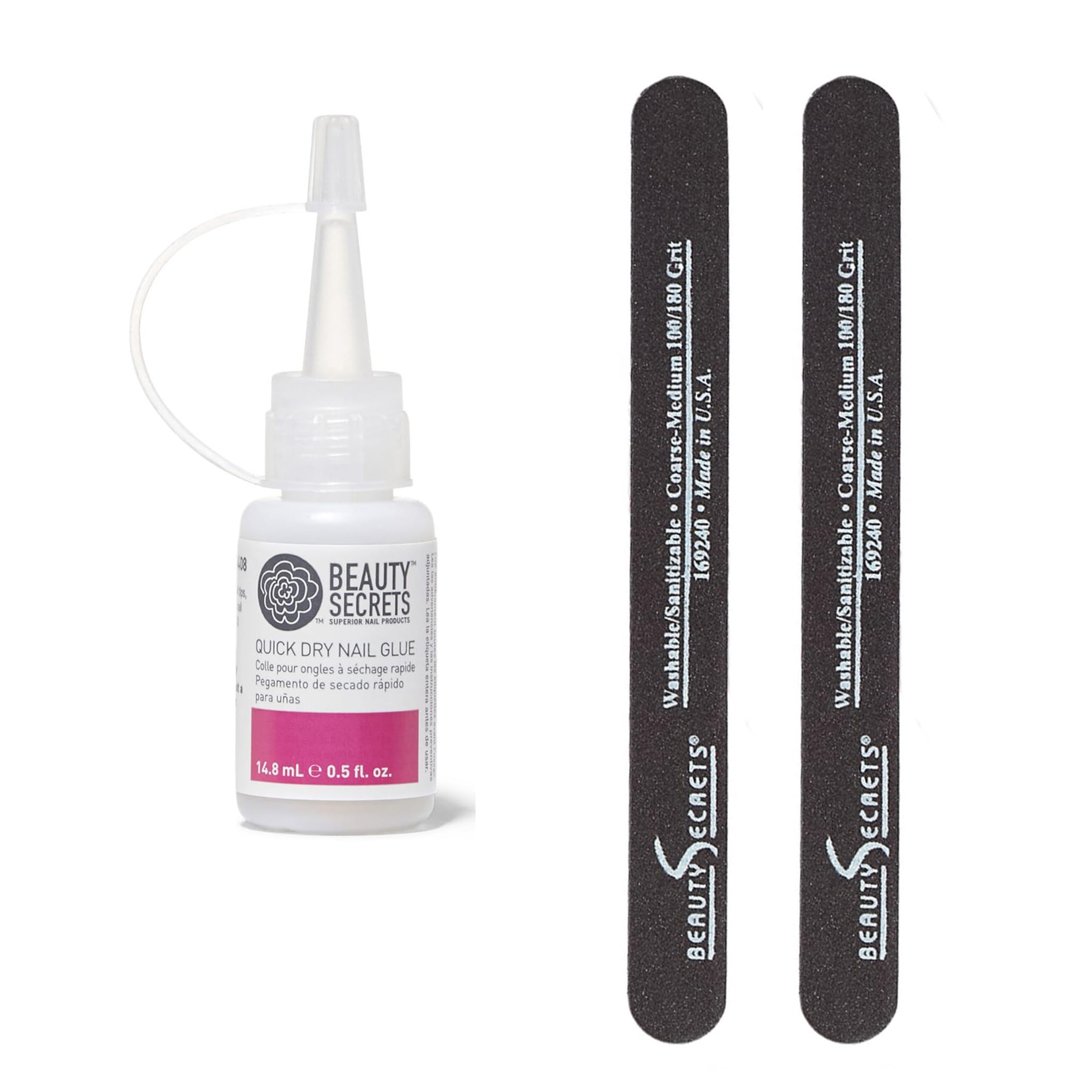 Beauty Secrets Quick-Dry Nail Glue Bundle – 0.5 oz Bottle + Black Cushion Nail File (180/100 Grit) 2 Pack | Beauty Secrets