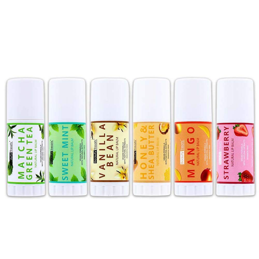 Beauty Treats Natural Lip Balm Model 610 – 6-Count Set with Honey & Shea Butter, Sweet Mint, Mango, Vanilla Bean, Matcha Green Tea, Strawberry