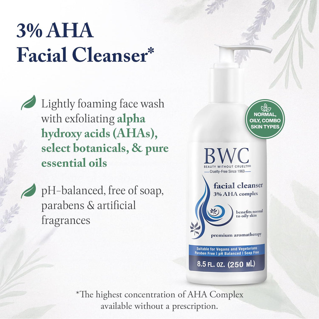 Beauty Without Cruelty AHA Facial Cleanser – Exfoliating Face Wash for Normal to Oily Skin | Vegan & Cruelty-Free | 8.5 Fl Oz