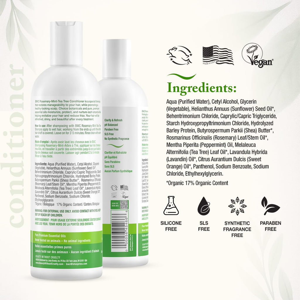 Beauty Without Cruelty Shampoo & Conditioner Set – Rosemary Mint Tea Tree, SLS-Free & Cruelty-Free, 16 oz each