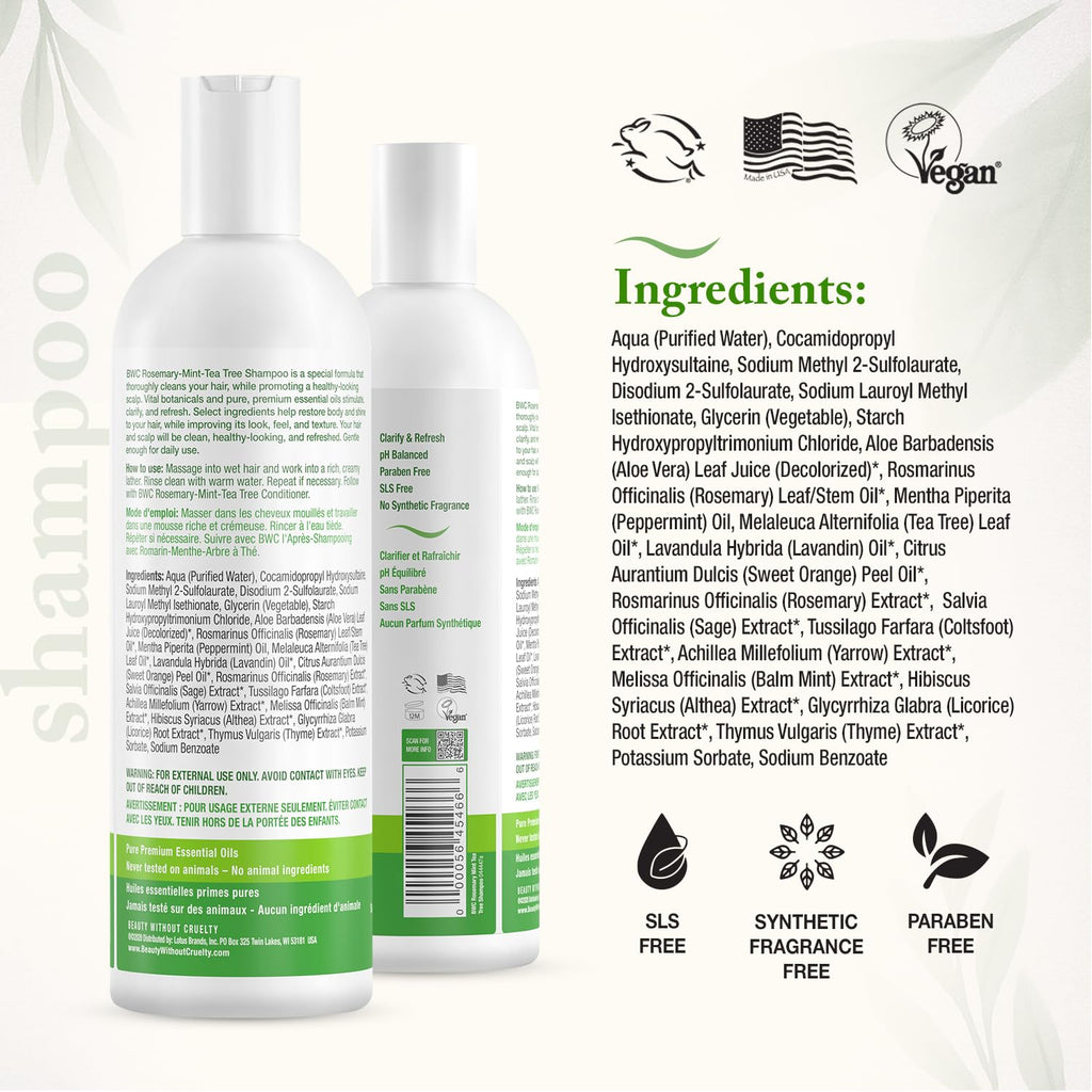 Beauty Without Cruelty Shampoo & Conditioner Set – Rosemary Mint Tea Tree, SLS-Free & Cruelty-Free, 16 oz each