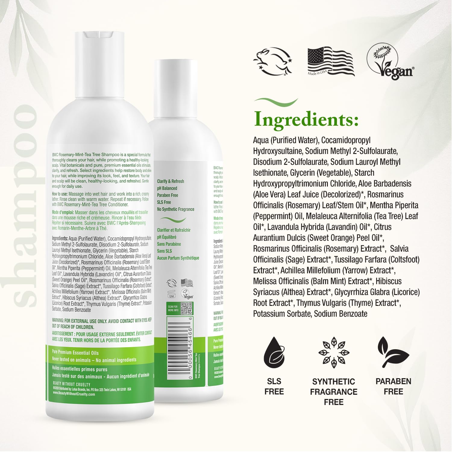 Beauty Without Cruelty Shampoo & Conditioner Set – Rosemary Mint Tea Tree, SLS-Free & Cruelty-Free, 16 oz each