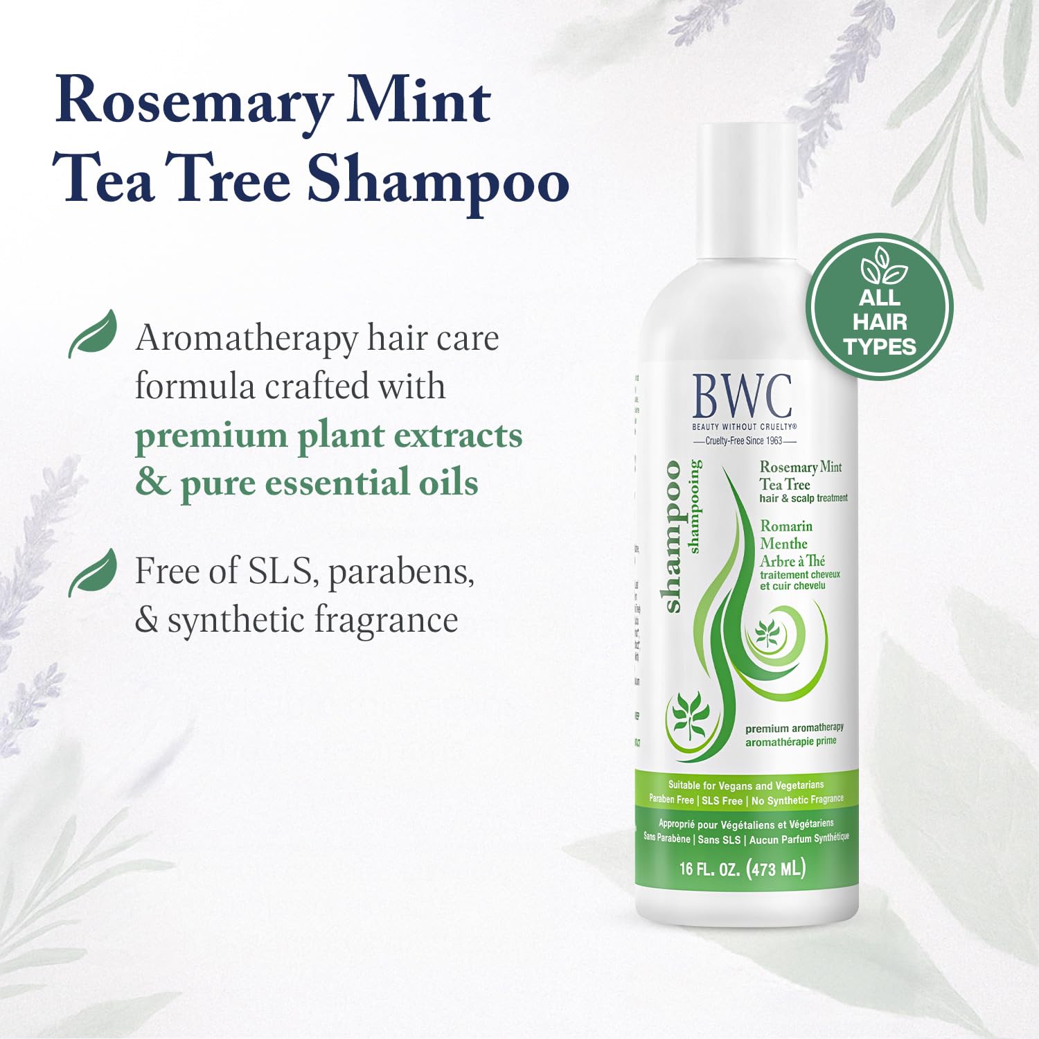 Beauty Without Cruelty Shampoo – Clarifying Rosemary Mint Tea Tree, SLS-Free, Vegan, 16 oz