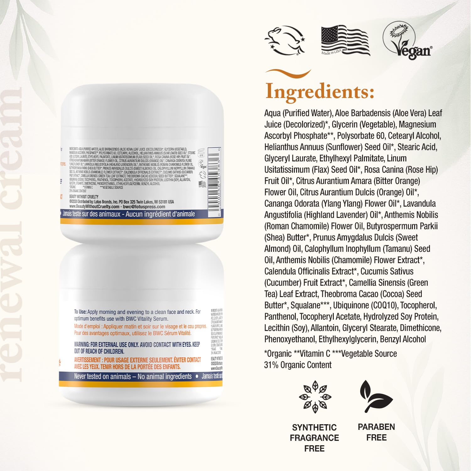 Beauty Without Cruelty Vitamin C Renewal Cream with CoQ10 – Vegan Aromatherapy Face Cream, 2 oz