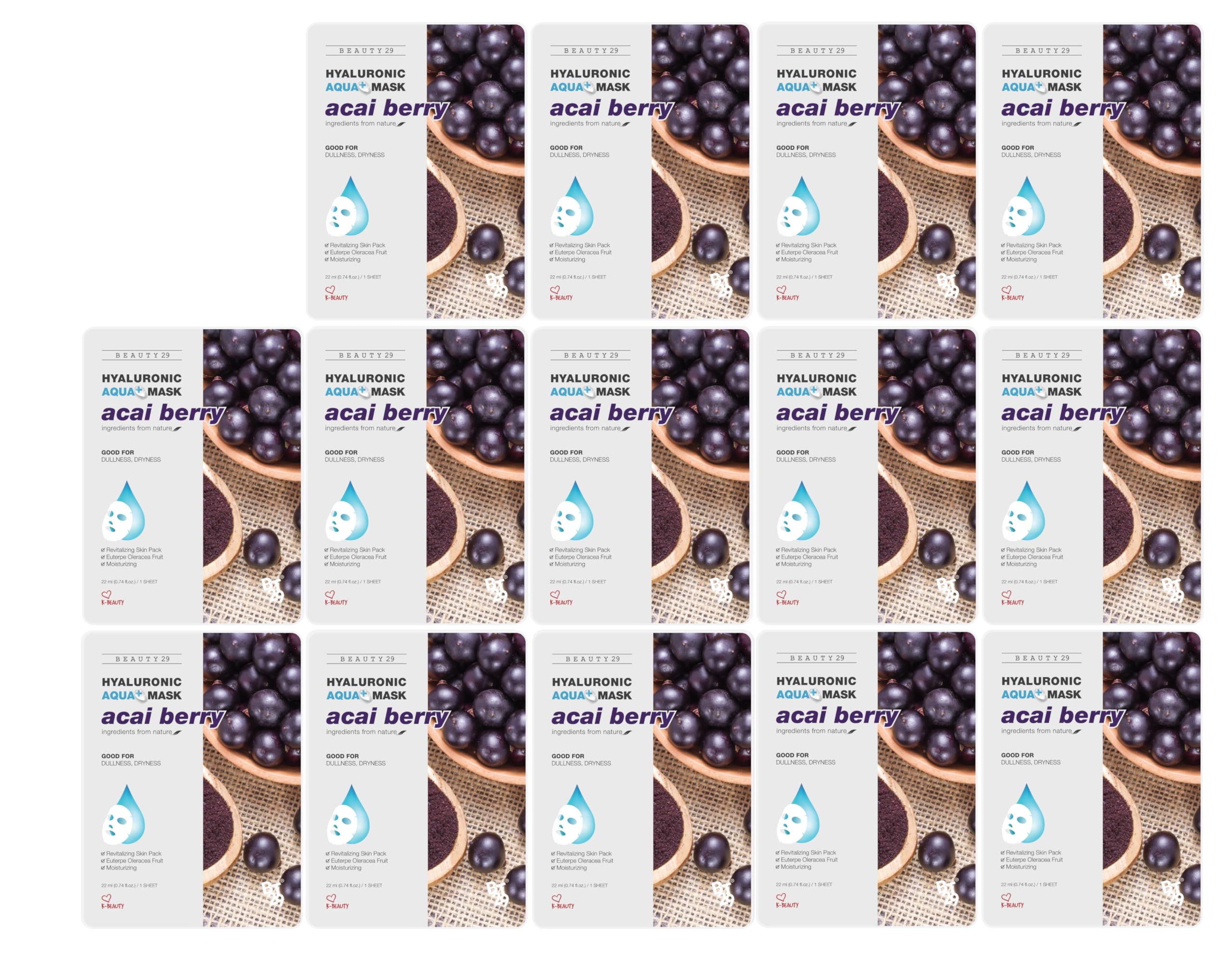 BEAUTY29 Hyaluronic Aqua Plus Essence Sheet Mask 14-Pack (Acai Berry) | Hydration & Radiance