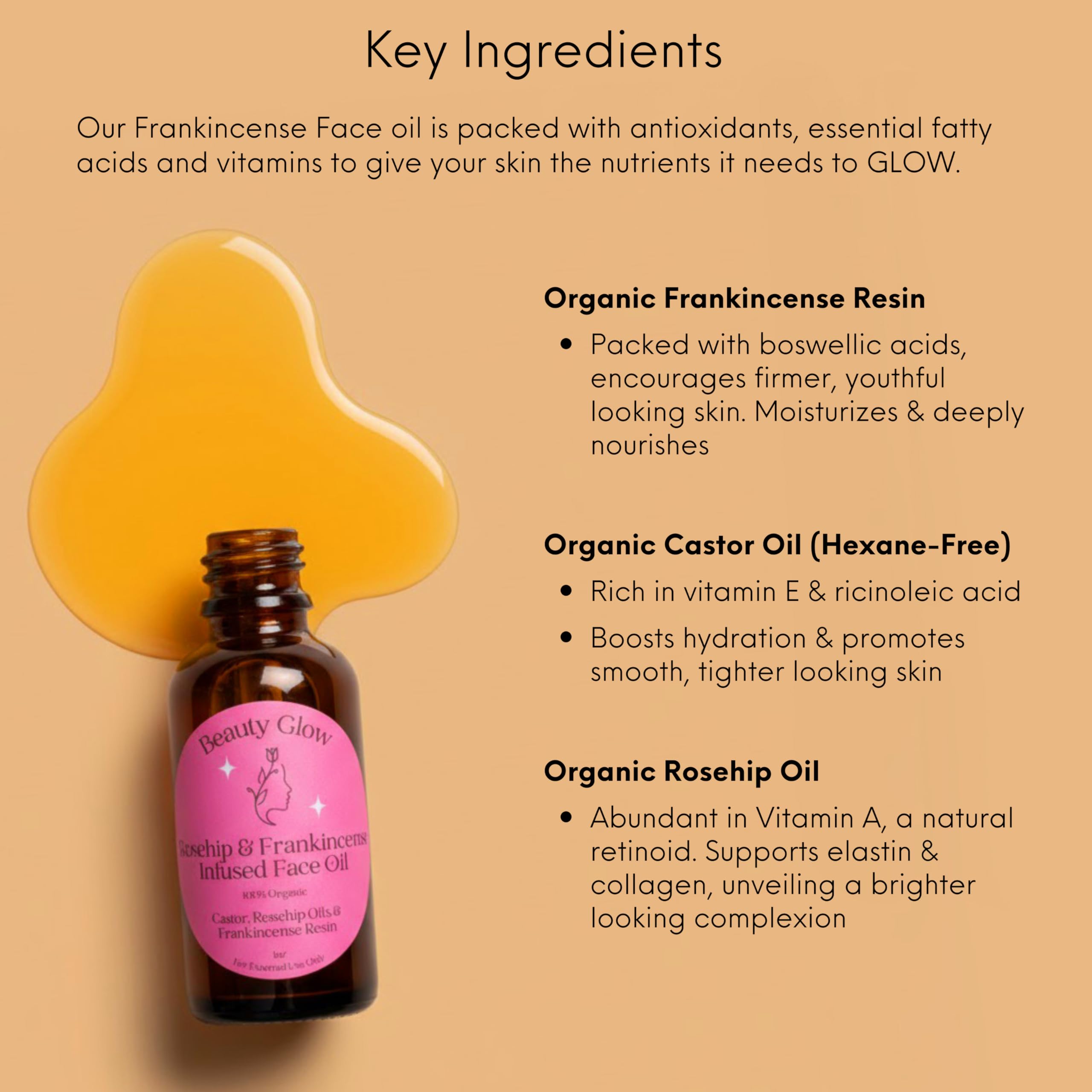 Beauty Glow Frankincense Resin Infused Castor & Rosehip Oil – Facial Moisturizer & Serum | 1 Fl Oz