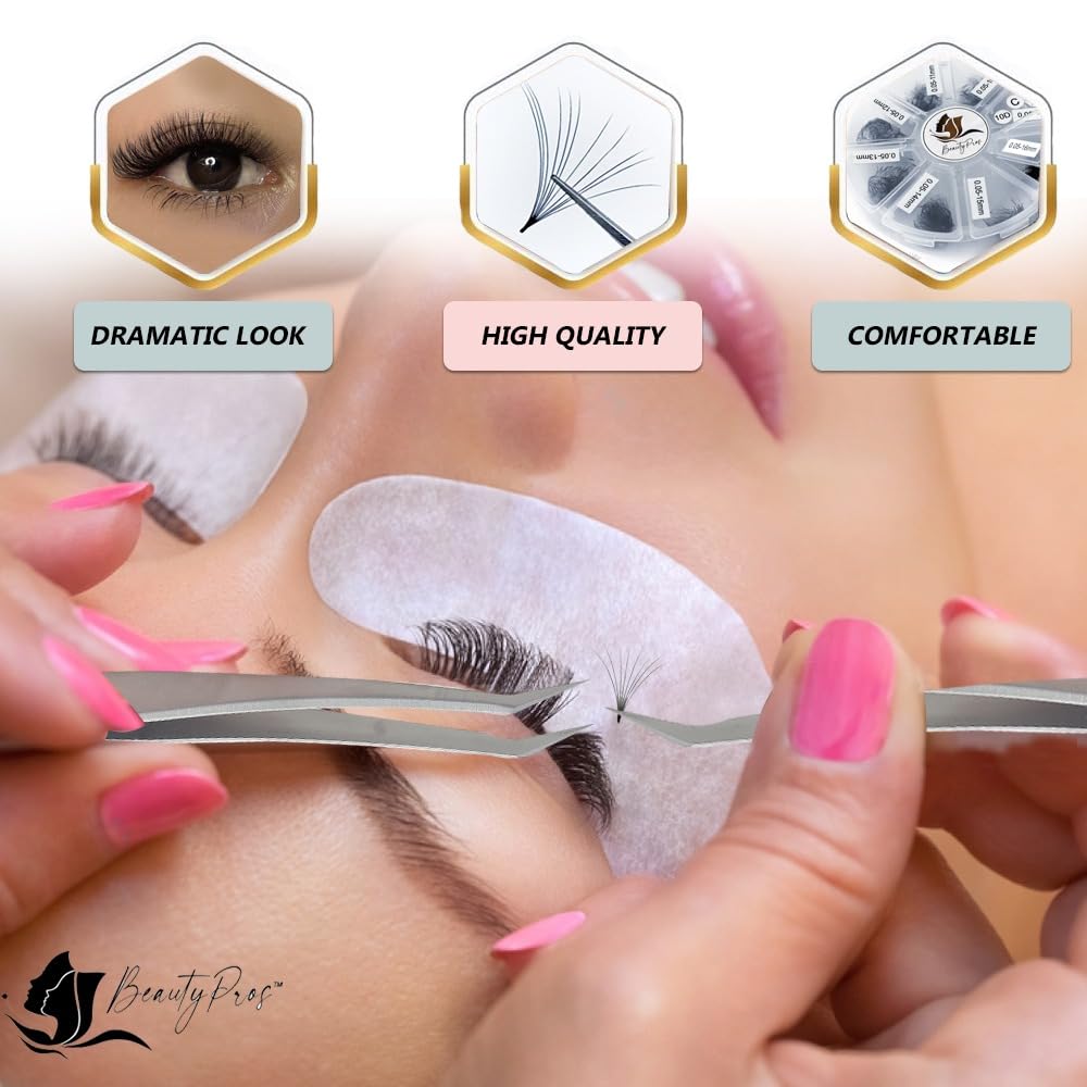 BeautyPros 5D Premade Volume Lash Extension Kit – 1000 Premade Fans, 9-16mm, C-Curl, Pointed Handmade