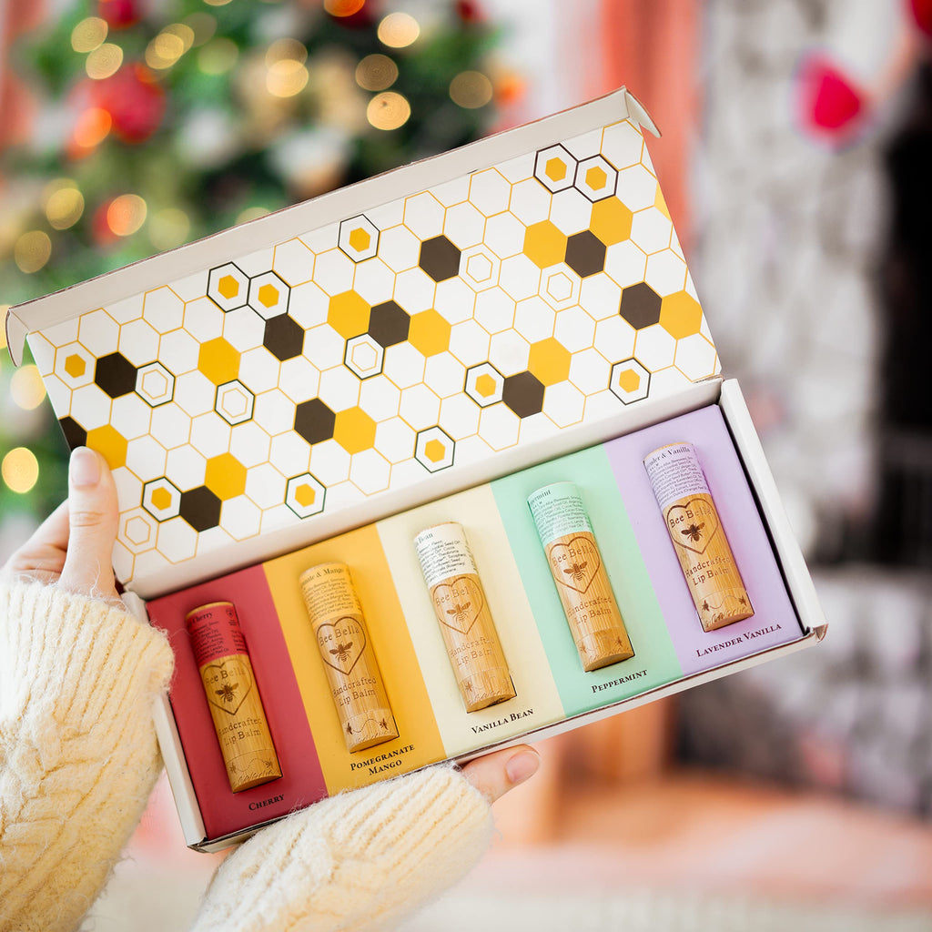 Bee Bella Lip Balm Variety 5 Pack Gift Set – Cherry, Pomegranate Mango, Vanilla Bean, Peppermint, Lavender Vanilla | Handmade in USA