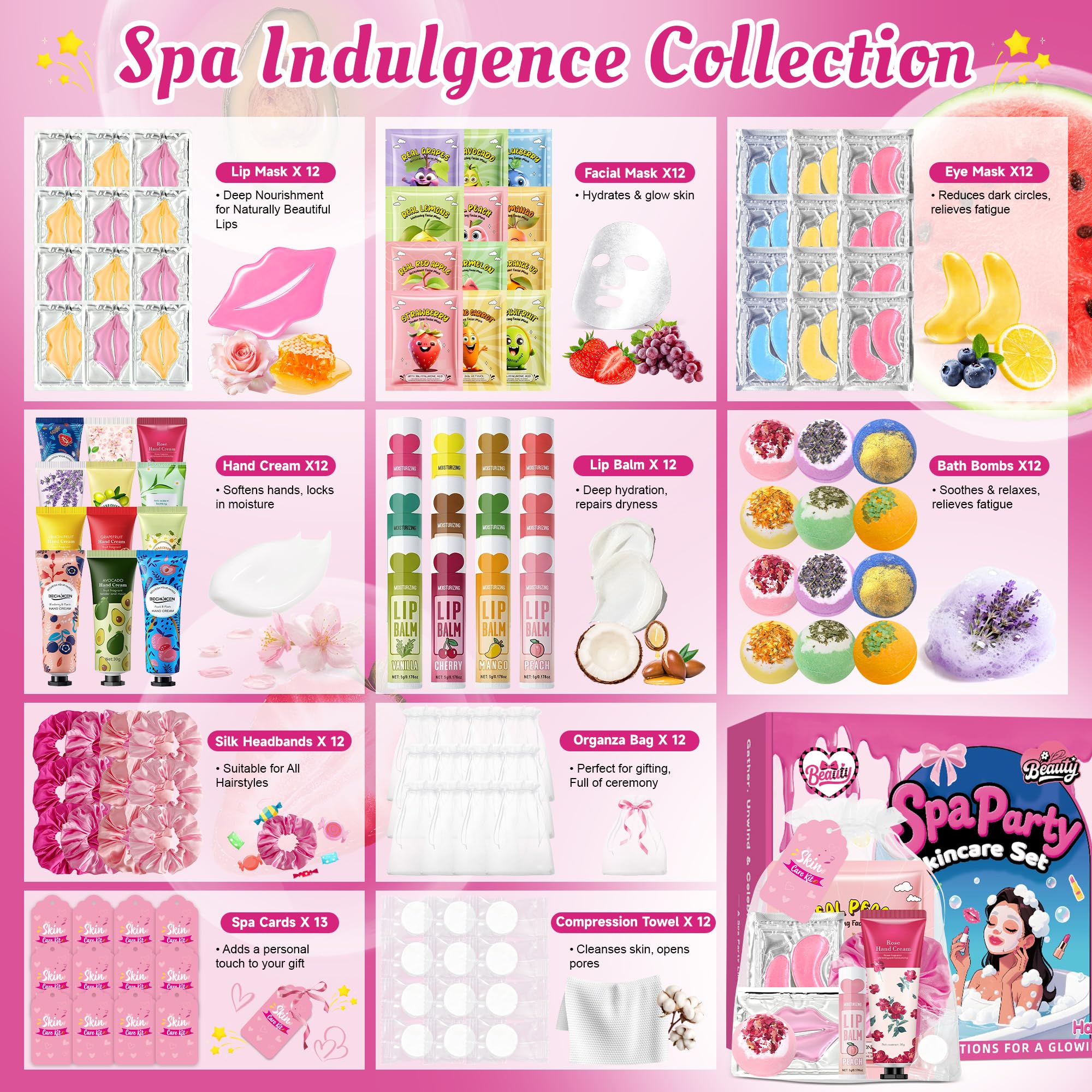 BECHOICEN 121Pcs Spa Party Supplies Set – 12 Complete Spa Kits for Face, Hand, Lip, Eye & Foot Care