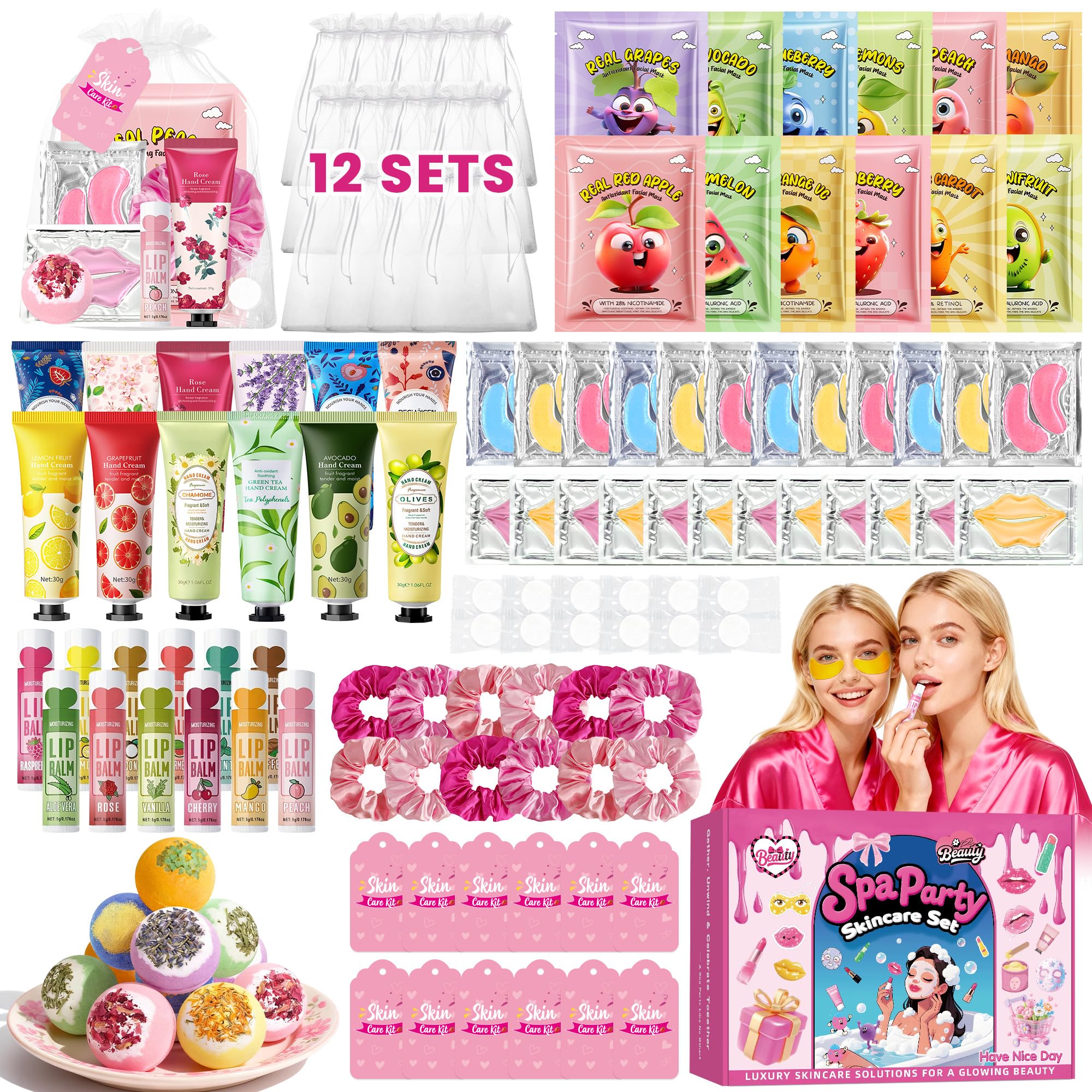 BECHOICEN 121Pcs Spa Party Supplies Set – 12 Complete Spa Kits for Face, Hand, Lip, Eye & Foot Care