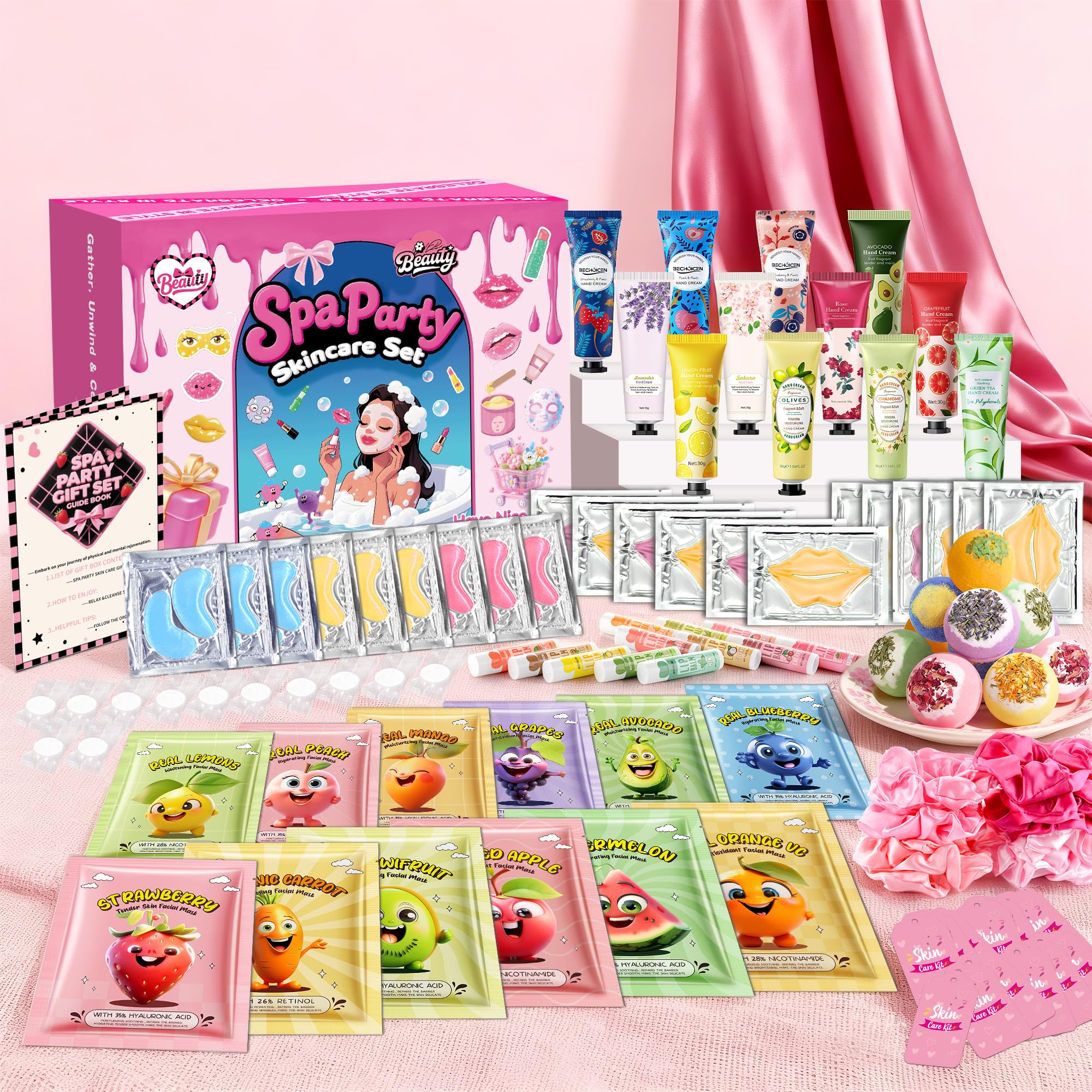 BECHOICEN 121Pcs Spa Party Supplies Set – 12 Complete Spa Kits for Face, Hand, Lip, Eye & Foot Care