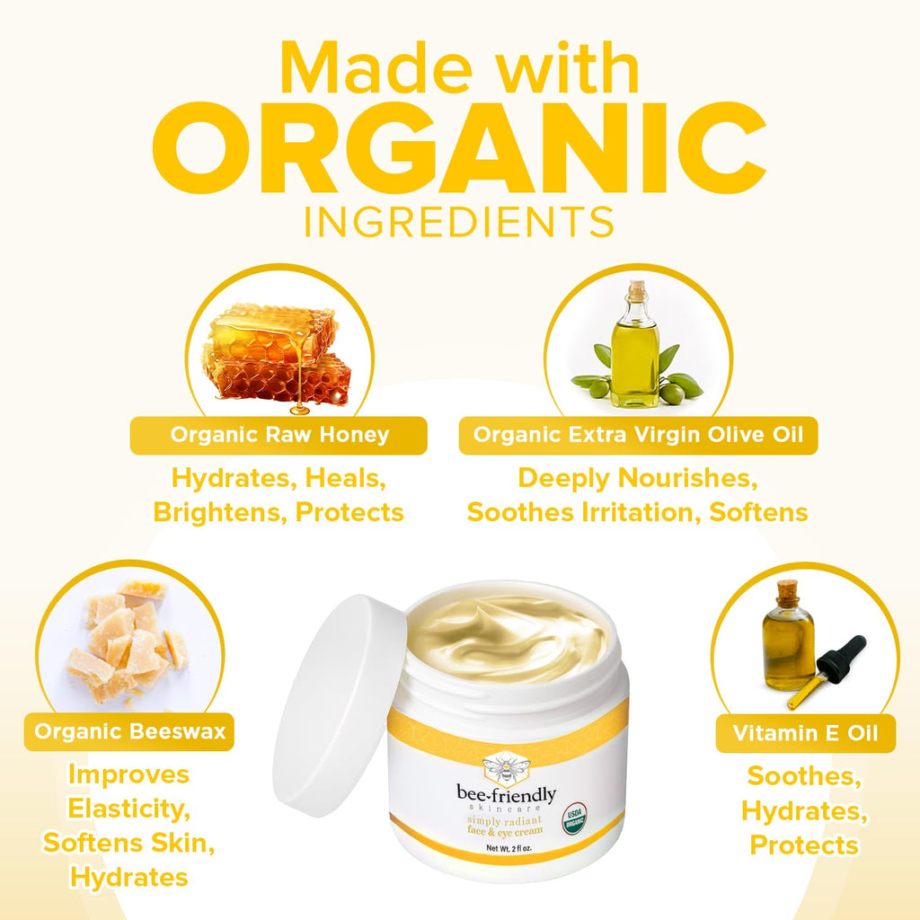 BeeFriendly Organic Face & Eye Cream — USDA Certified Organic Moisturizer, 6 oz (3 Jars in Box)