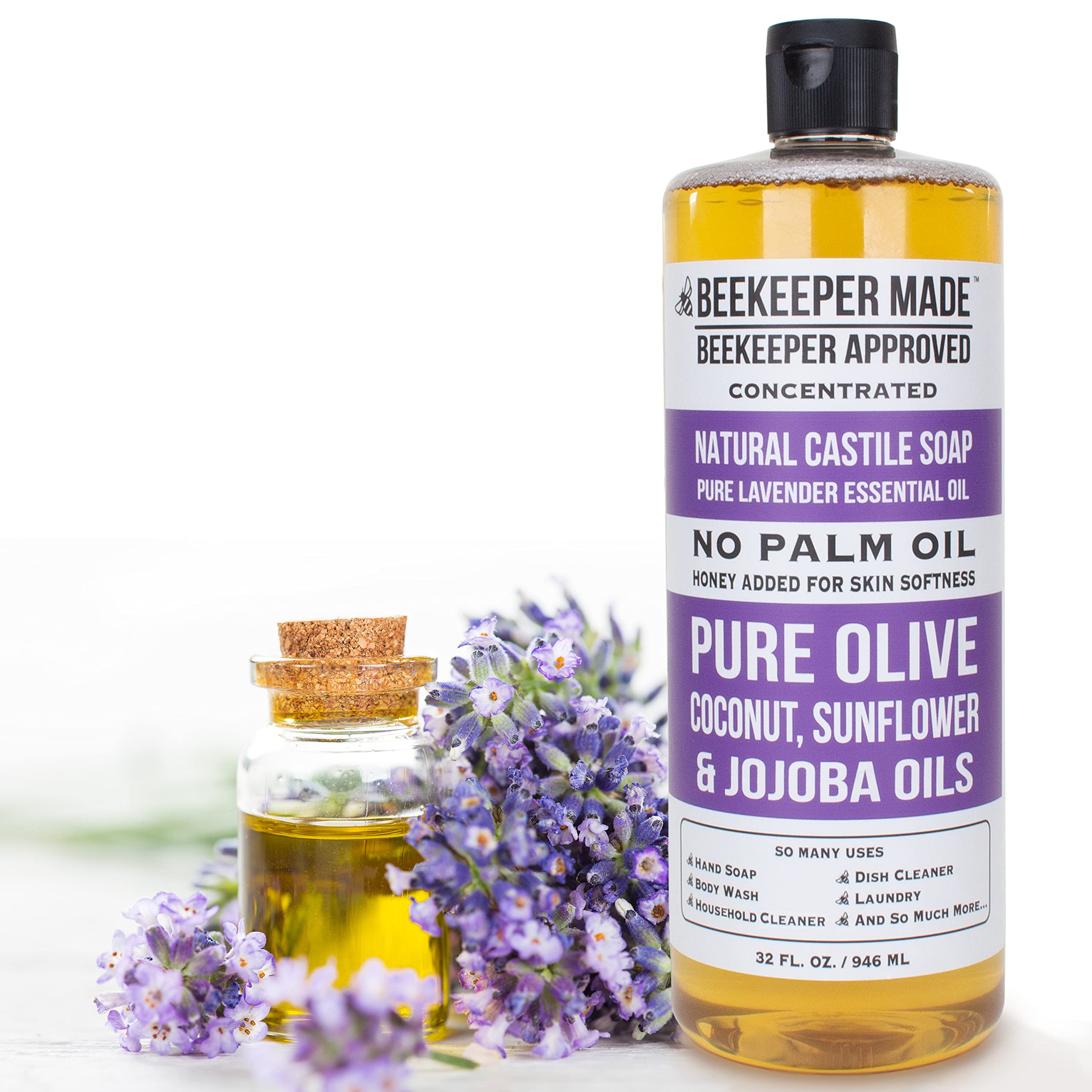Beessential Beekeeper Made Lavender Castile Soap – 32 oz, No Palm Oil, 8 Ingredients, GMO Free, Made in USA