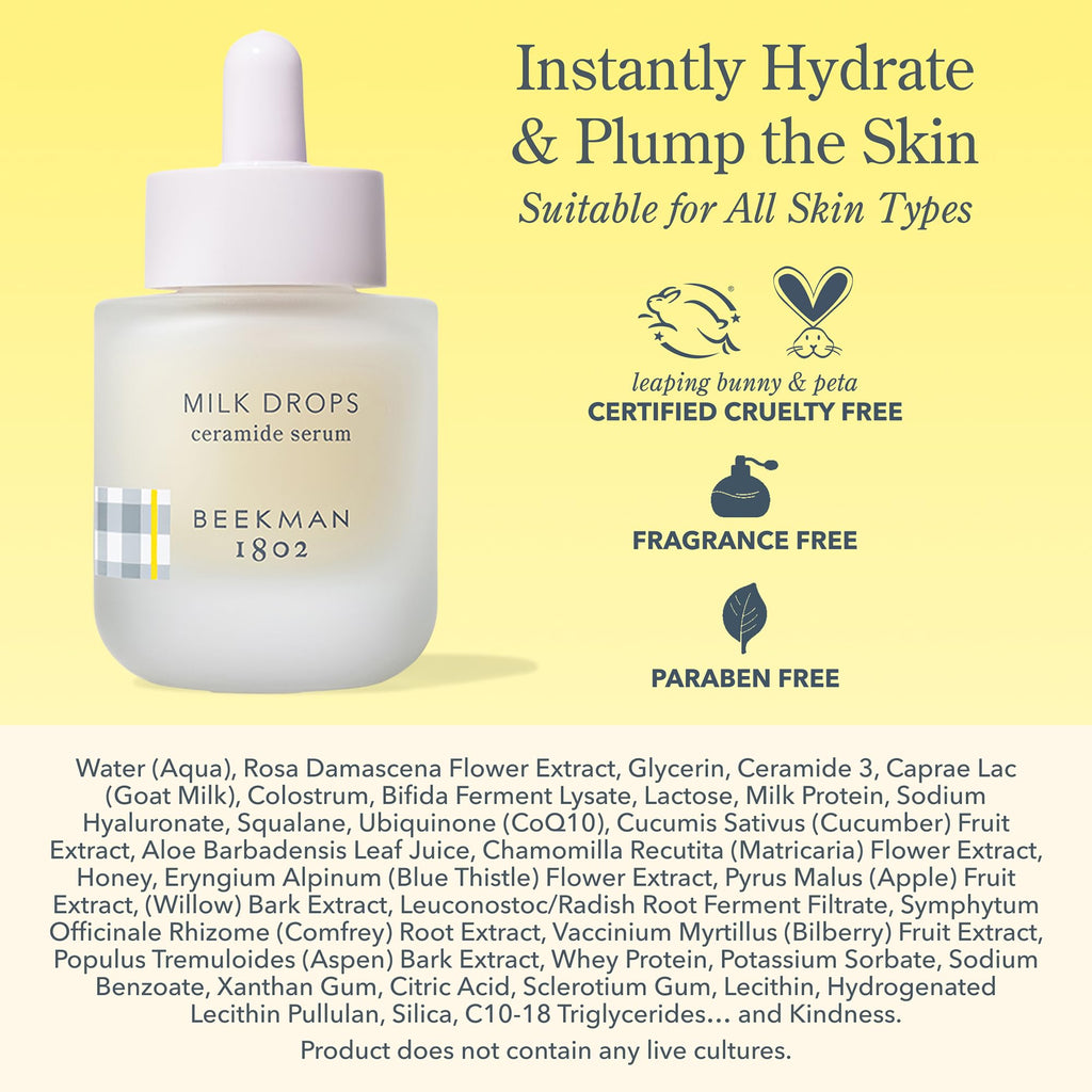 Beekman 1802 Milk Drops Ceramide Serum – Fragrance-Free Goat Milk Hydration with Squalane & HA