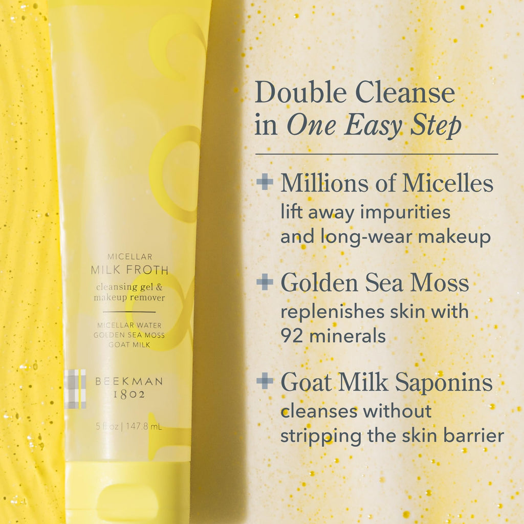 Beekman 1802 Micellar Milk Froth Gel to Foam Cleanser – 2-in-1 Makeup Remover, Goat Milk & Golden Sea Moss, Fragrance Free, Sensitive Skin Safe, 5.0 fl oz
