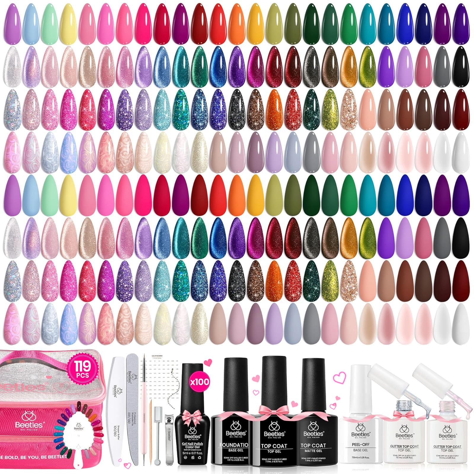 Beetles 119 PCS Gel Nail Polish Set – 100 Colors with Cat Eye, Glitter, Pearl Finishes + Base & Top Coats for At-Home Manicures