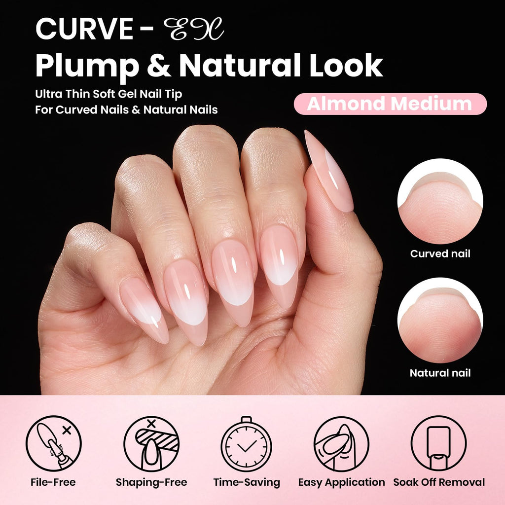 Beetles Gel Nail Kit Curve-EX Almond Tips — 320pcs, 16 Sizes, Glue Gel, Base & Top Coat, Mini Lamp