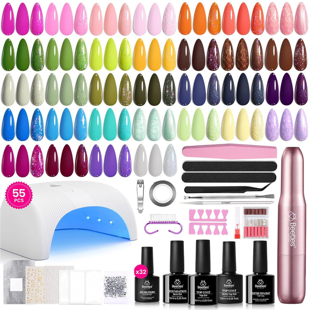 Beetles 55-Pcs Gel Nail Polish Kit with UV Lamp & Nail Drill – All-in-One Home Salon Set