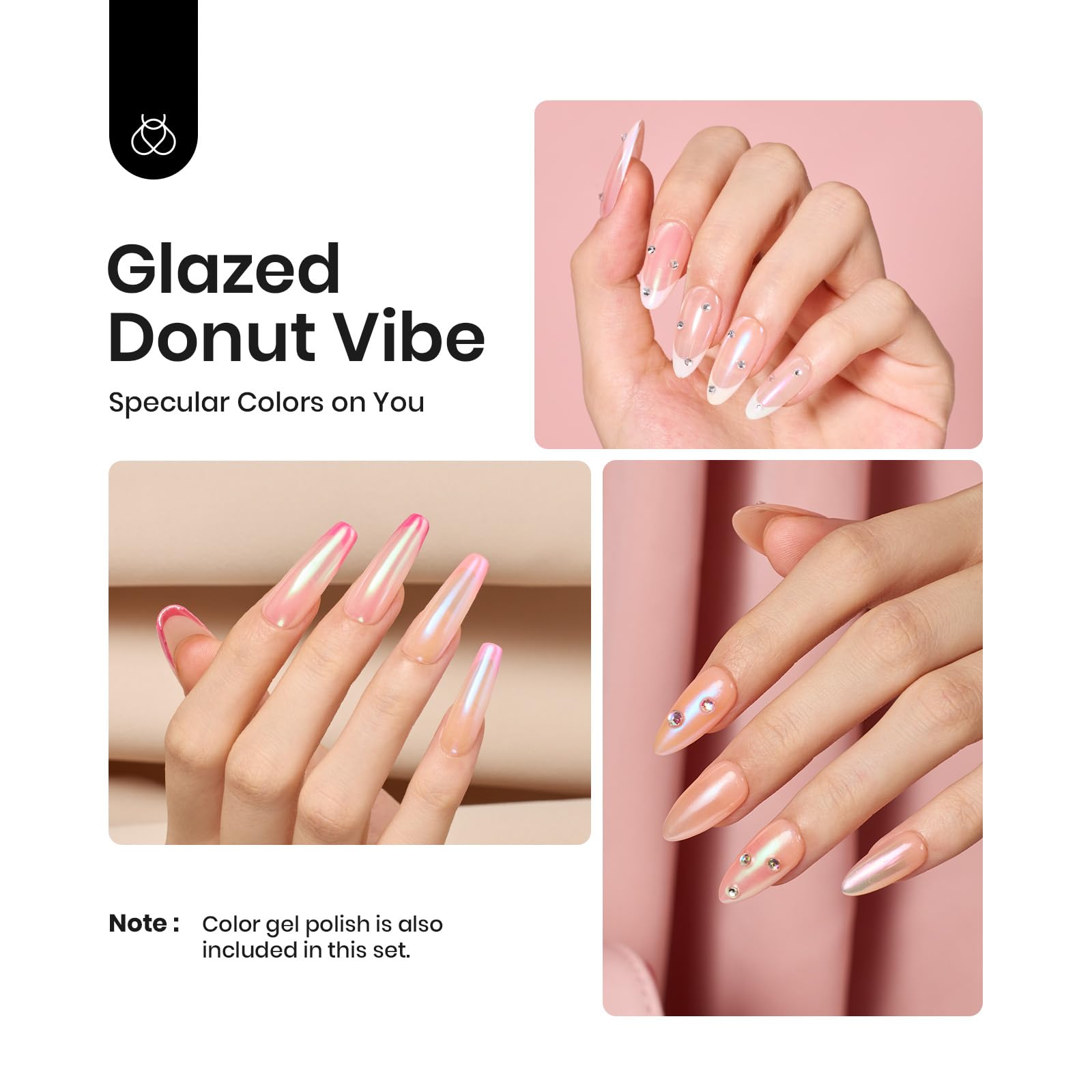 Beetles Chrome Nail Powder Aurora Pearl Kit — 6 Colors + Base & Top Gel