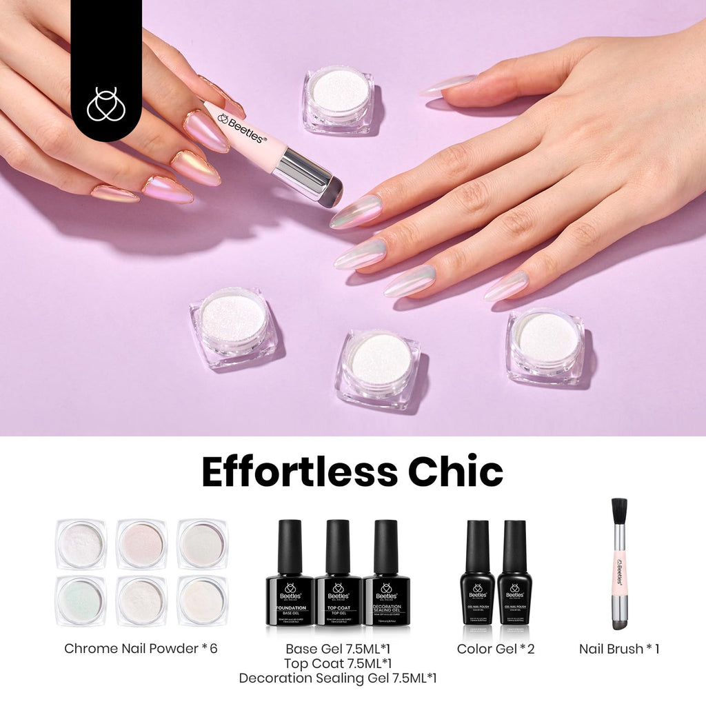 Beetles Chrome Nail Powder Aurora Pearl Kit — 6 Colors + Base & Top Gel
