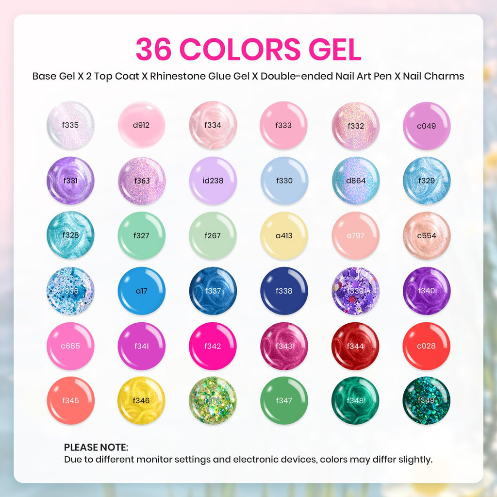 Beetles 36 Colors Gel Nail Polish Set | 42-Piece UV Gel Kit with Base/Top Coats, Glitter & Nail Charms