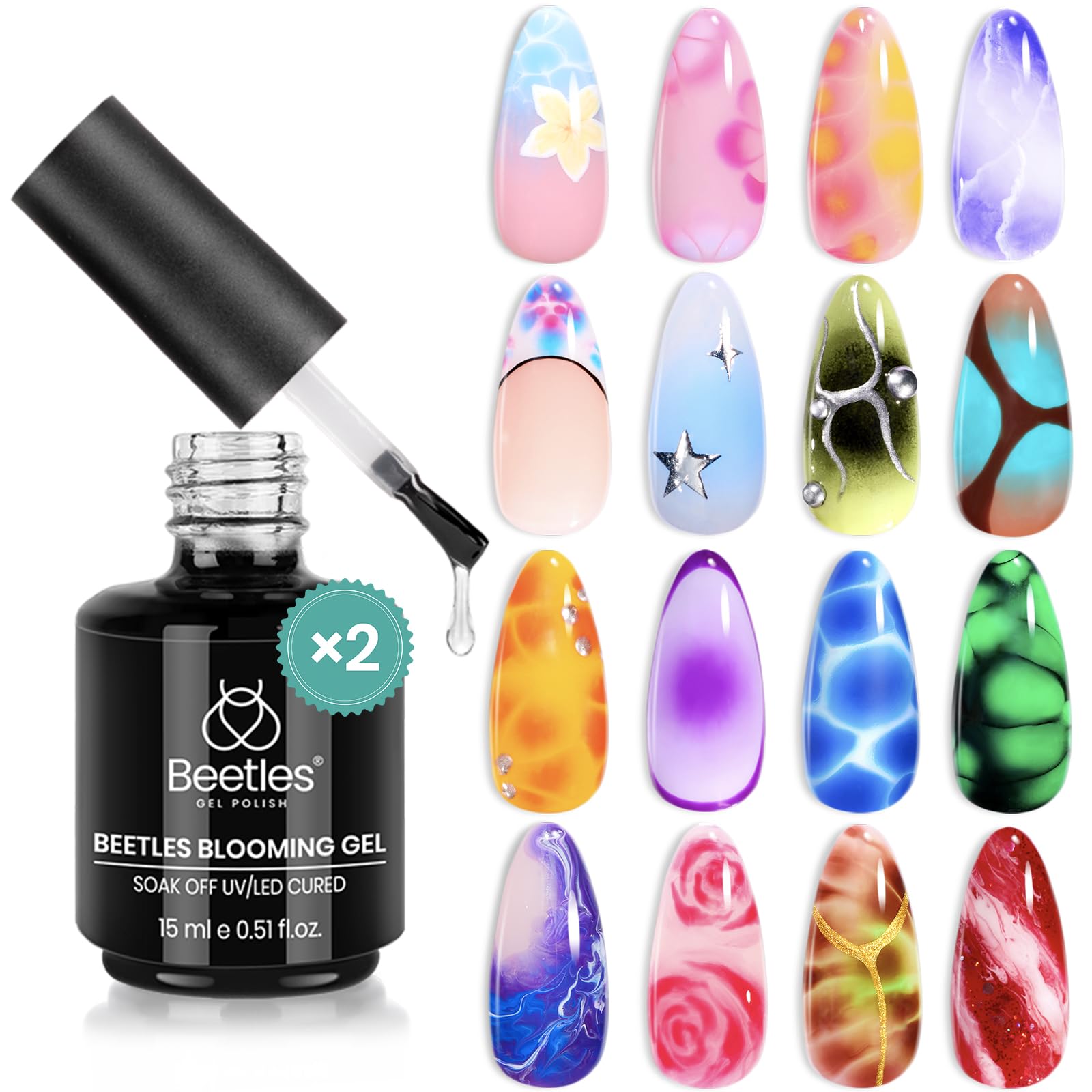 Beetles Blooming Gel – Clear 15ml (2 Pack) Blooming Nail Gel for Marble, Watercolor & Floral Art