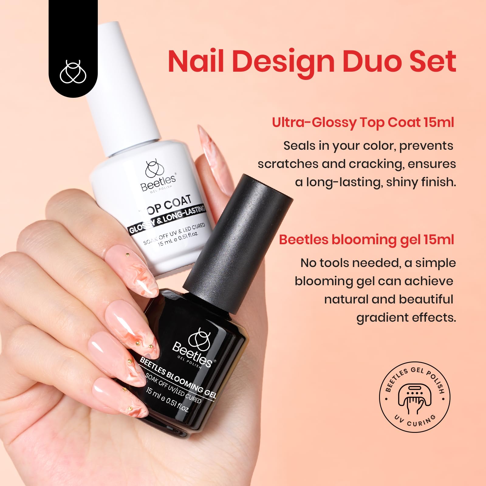 Beetles Blooming Gel & Glossy Top Coat Set – 2x15ml for Marble Nail Art