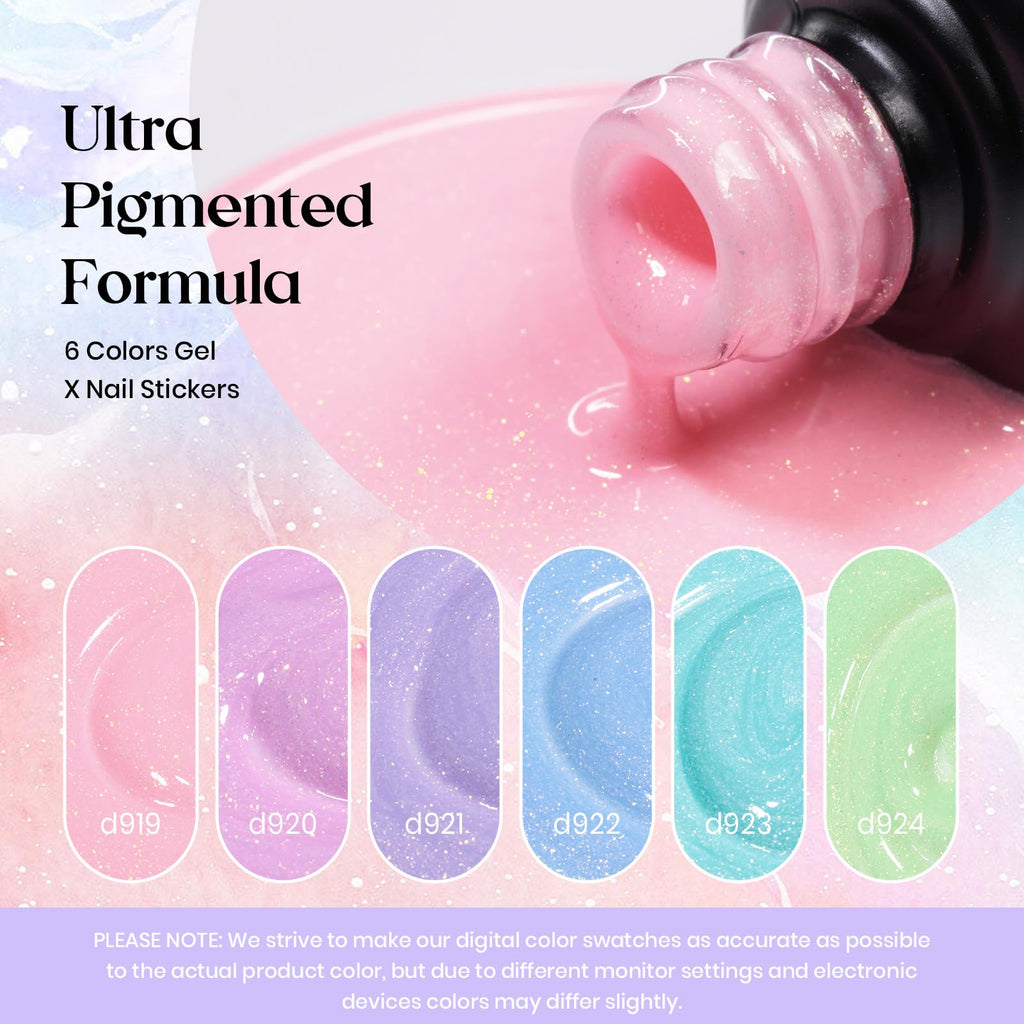 Beetles Spring Gel Nail Polish Set: 6 Pastel Shimmer Colors + Butterfly Stickers | UV/LED Required