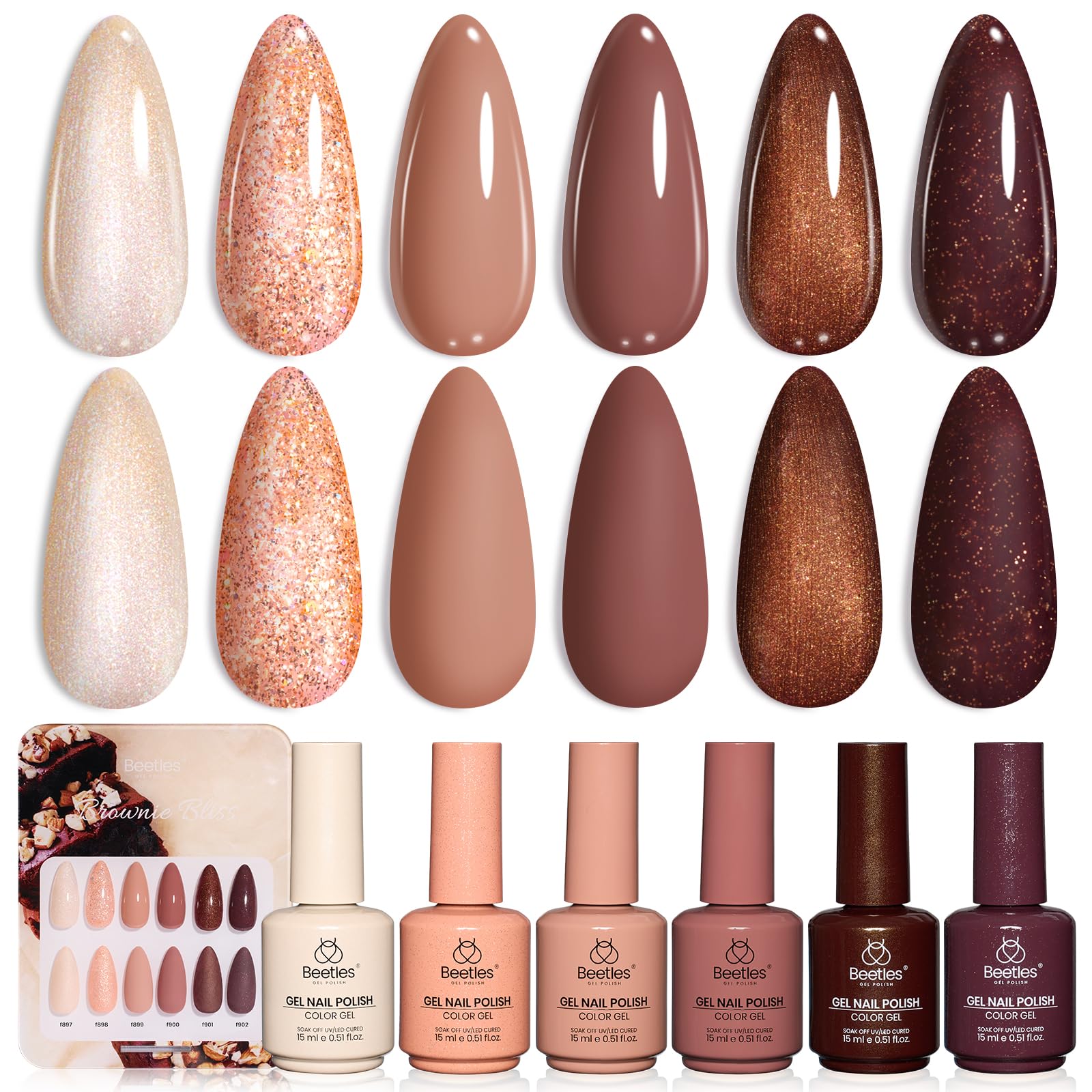 Beetles Brown Gel Polish Set — 6 Warm Brown Shades, 7.5ml Each, Cruelty-Free