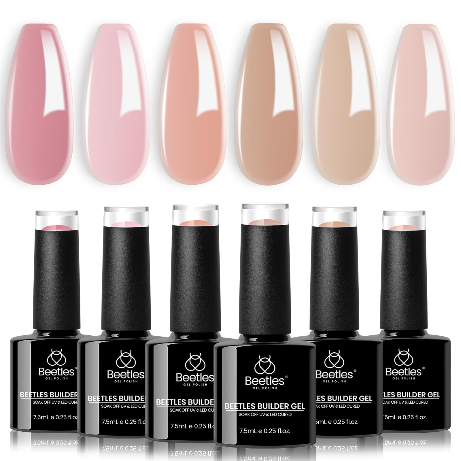 Beetles Builder Gel Set – 6 Colors, 7-in-1 Clear Nude Pink Brown for Nail Extensions (Beginner Friendly, UV/LED)