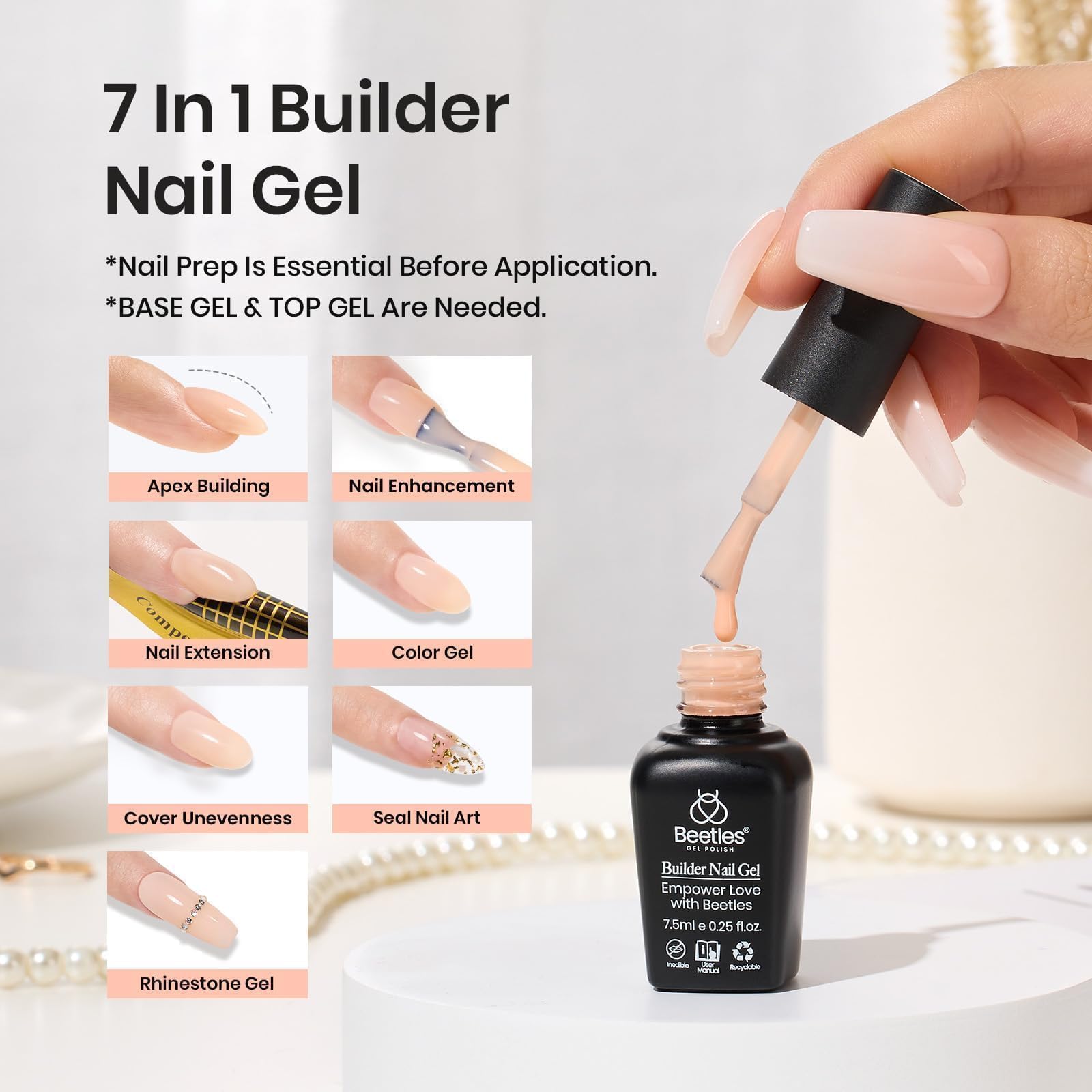 Beetles Builder Gel Set – 6 Colors, 7-in-1 Clear Nude Pink Brown for Nail Extensions (Beginner Friendly, UV/LED)