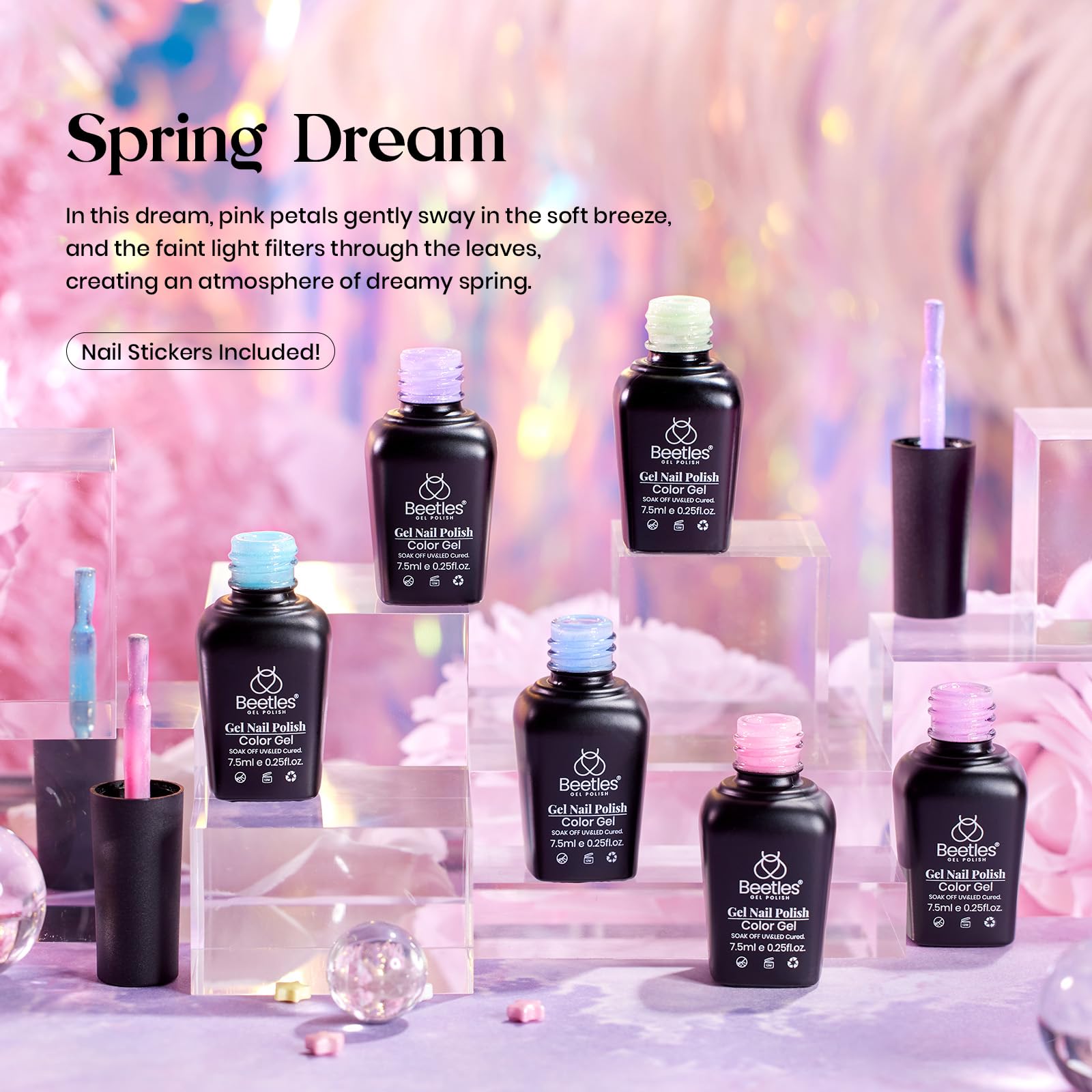 Beetles Spring Gel Nail Polish Set: 6 Pastel Shimmer Colors + Butterfly Stickers | UV/LED Required