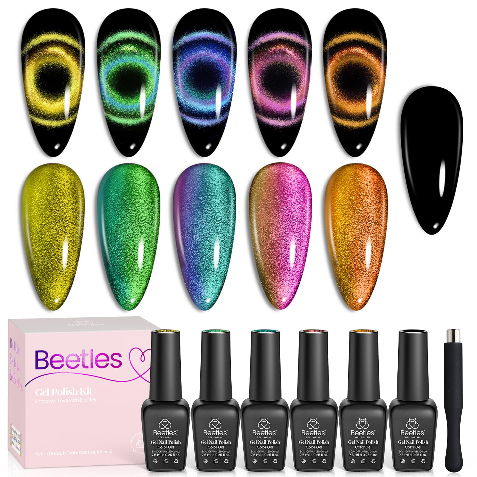 Beetles Cat Eye Gel Nail Polish Set - 6 Colors with Magnetic Chameleon Effect | Soak-Off UV Velvet Gel