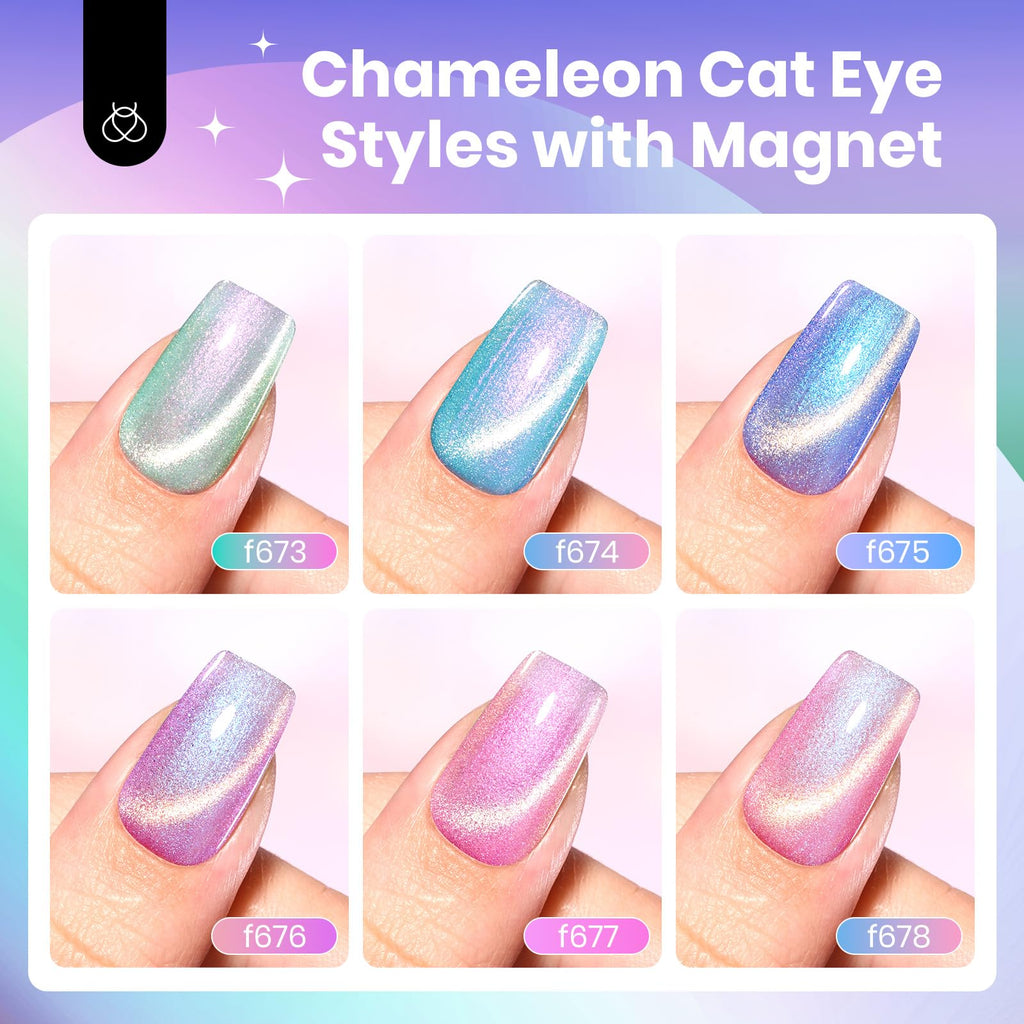Beetles Cat Eye Gel Nail Polish Set - 6 Colors Summer Chameleon Collection | Magnetic Soak-Off UV Gel
